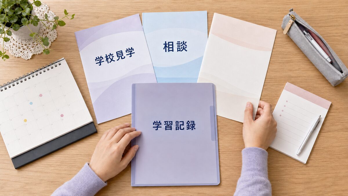 中学進学に向けて学校見学や学習記録を準備する保護者の手元