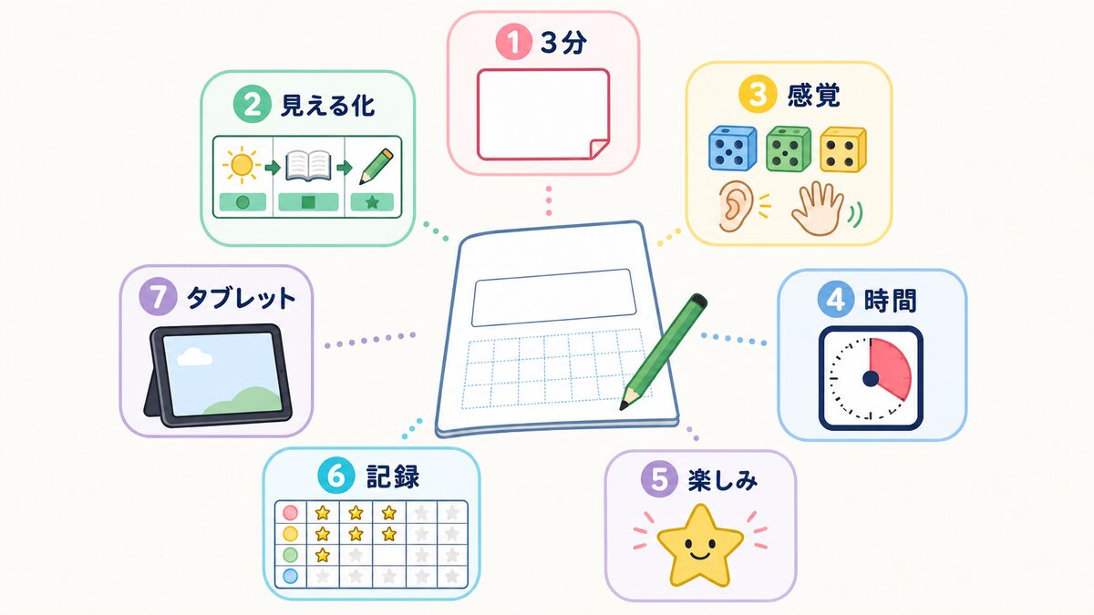 家庭でできる7つの学習サポートをまとめた図