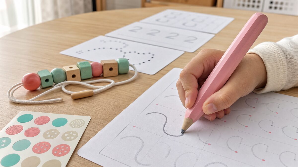 シール貼りやなぞり書きから名前を書くまでを小さな段階で進める家庭学習