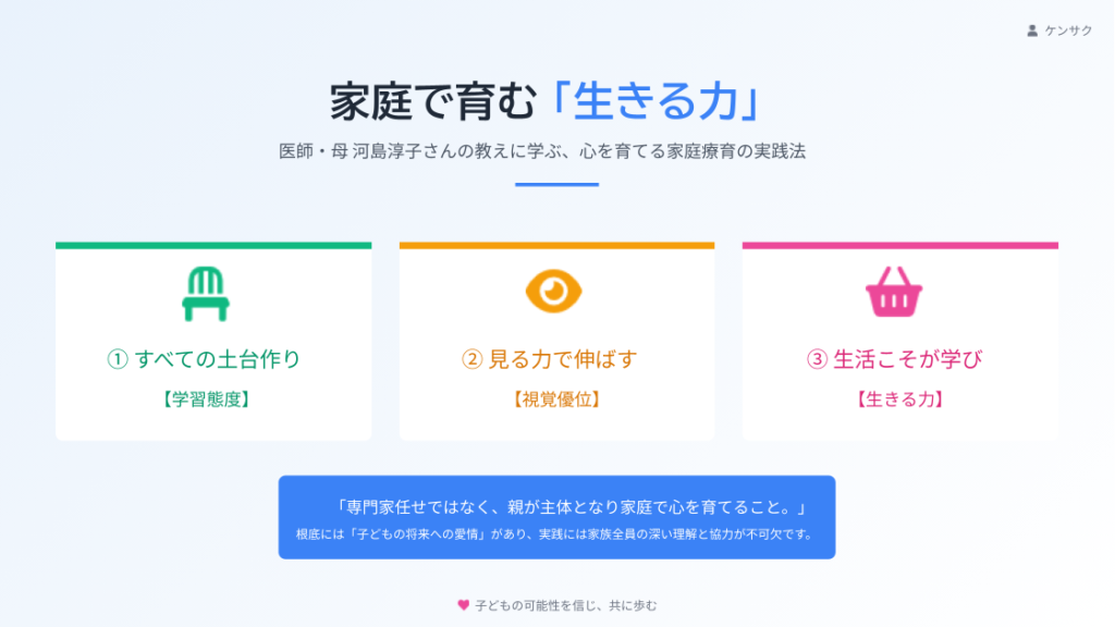 我が子の「生きる力」を家庭で育む。医師であり母である河島淳子さんの教えに学ぶ、心を育てる家庭療育の実践法