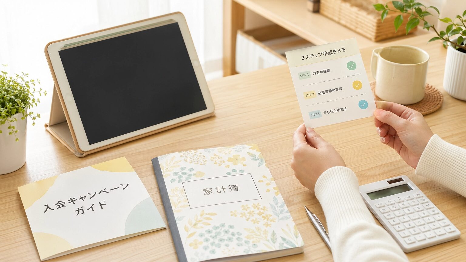 キャンペーン情報と入会手順をチェックする保護者の手元
