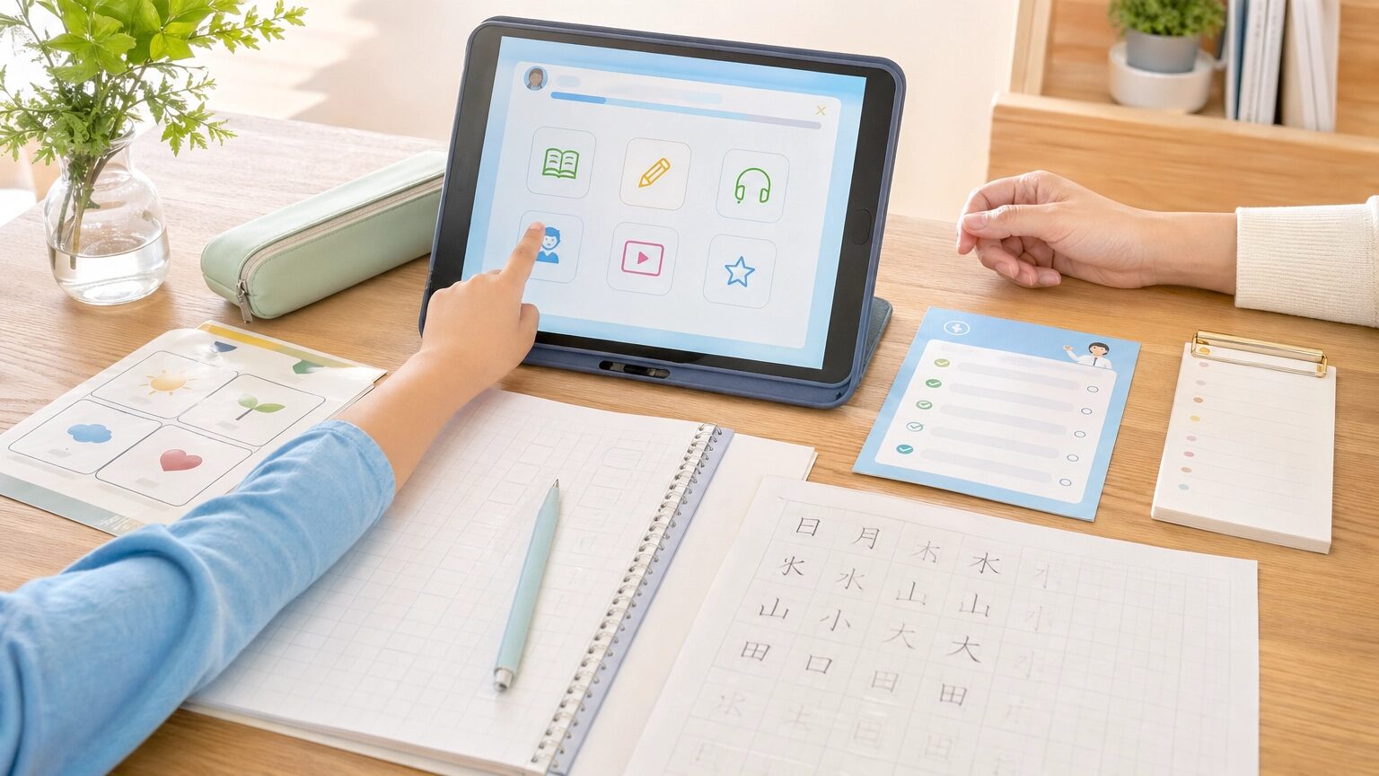 月額料金に含まれる学習サービスを整理した机上の教材とタブレット