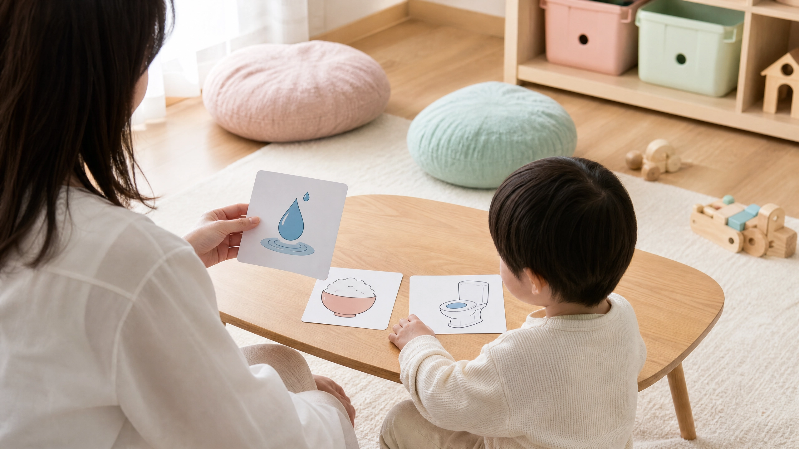 退職後に家庭で絵カードを使い落ち着いて関わる親子の手元