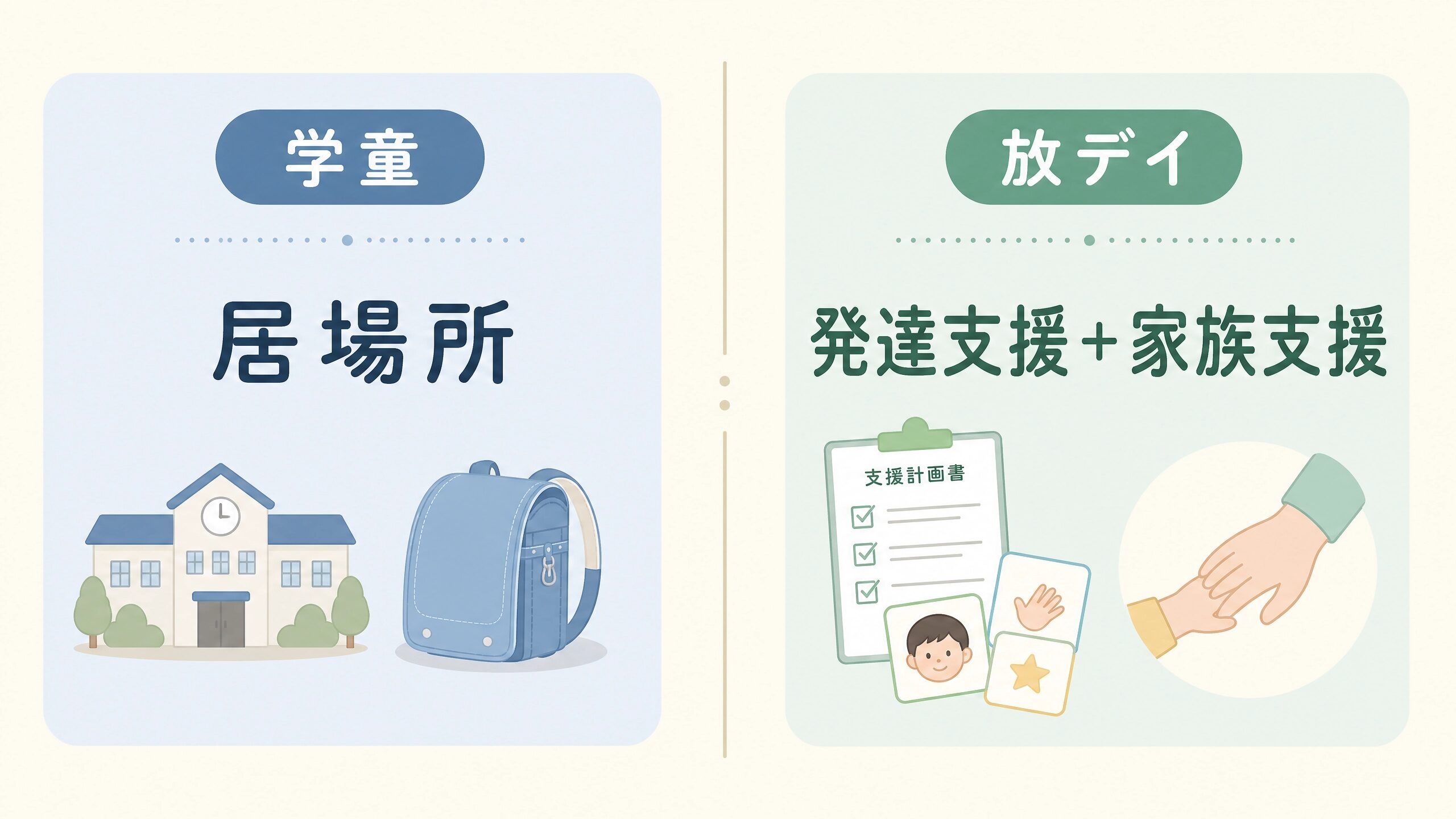放課後等デイサービスと学童の目的や対象の違いを比較する画像