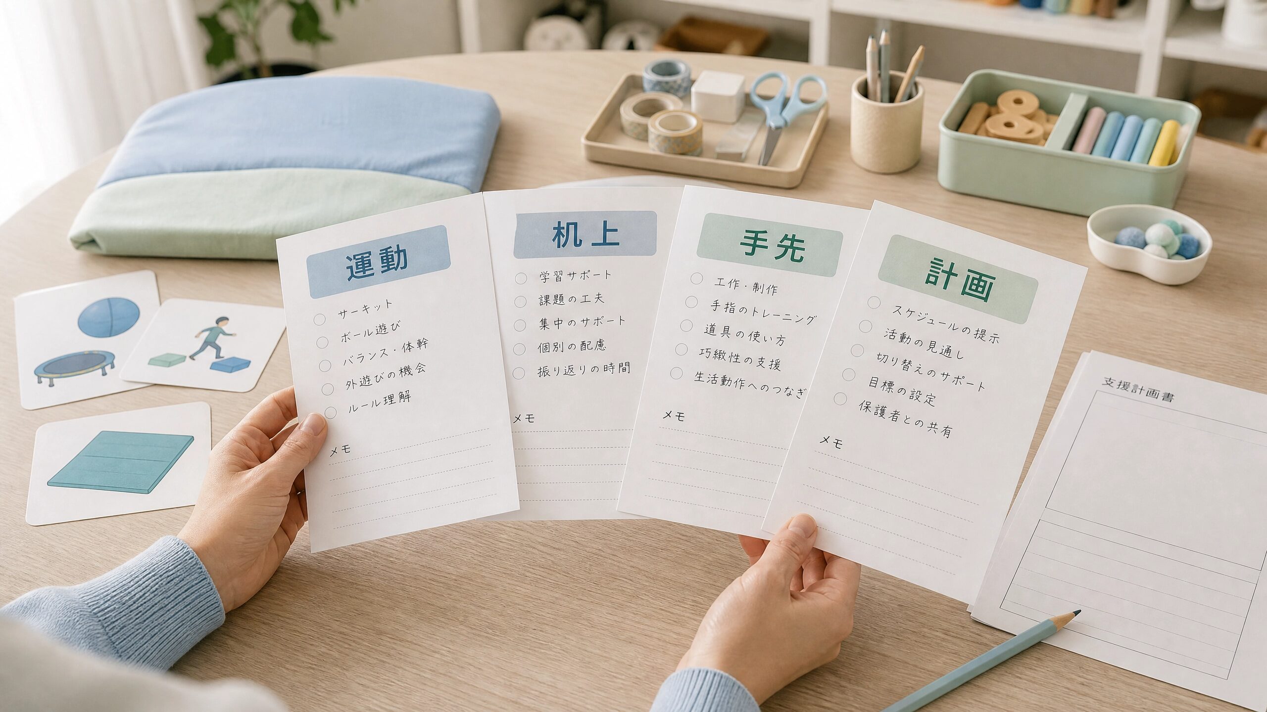 児童発達支援と放課後等デイサービスの支援内容の違いを見学メモで確認する様子