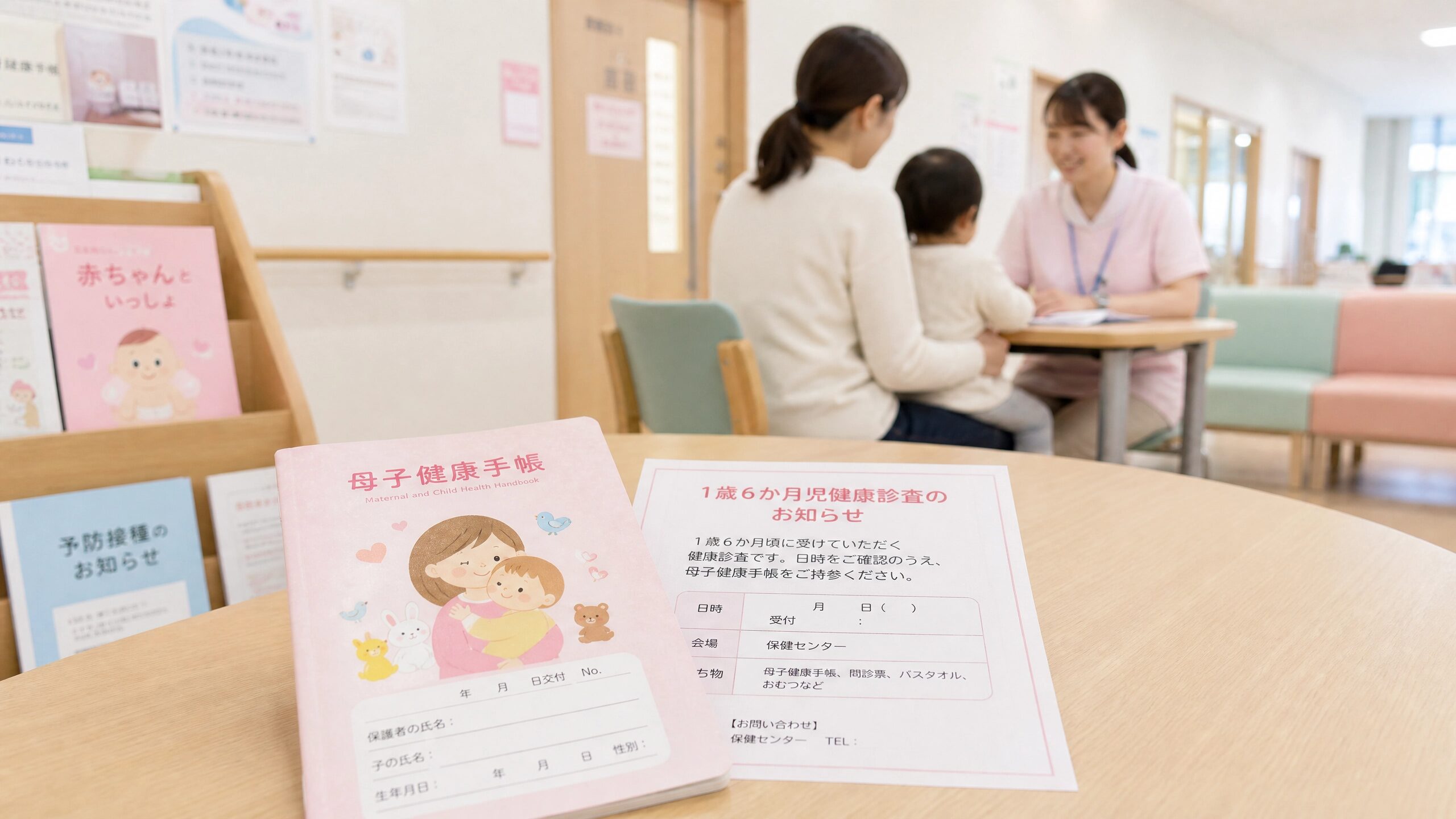 保健センターでの相談風景と母子手帳