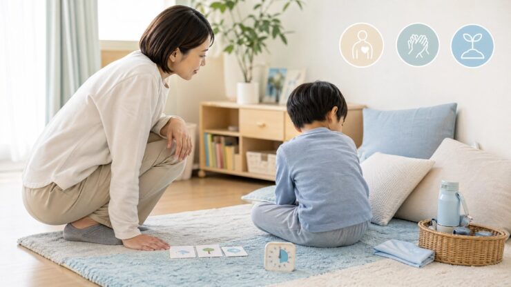 子どもが落ち着けるよう親が距離を取りながら見守るクールダウン場面