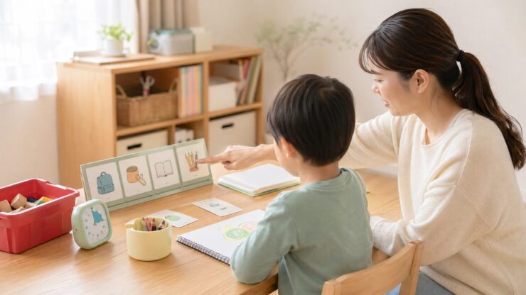 家庭で発達障害の子への声かけや視覚支援を工夫する親子の手元