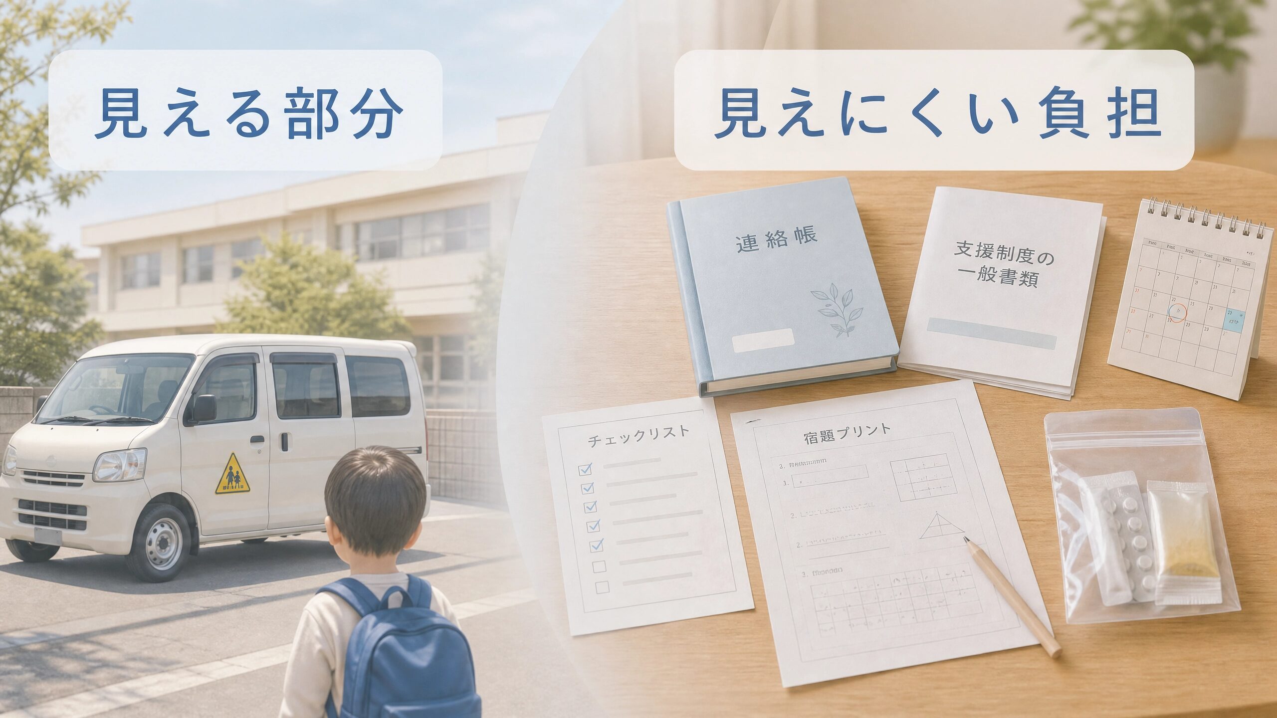 放課後等デイサービスの見える部分と見えにくい家庭の負担を示す画像