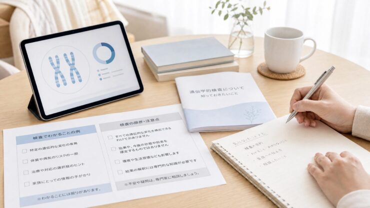 NIPTでわかることとわからないことを資料とタブレットで整理する手元