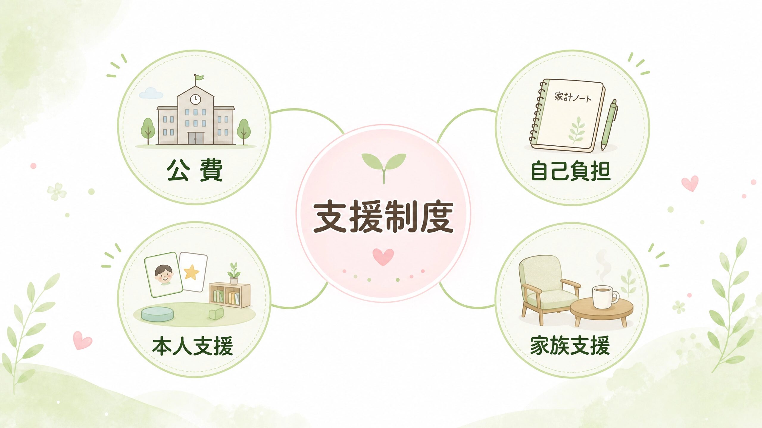 放課後等デイサービスが公費と自己負担で支えられ家族支援にもつながることを示す画像