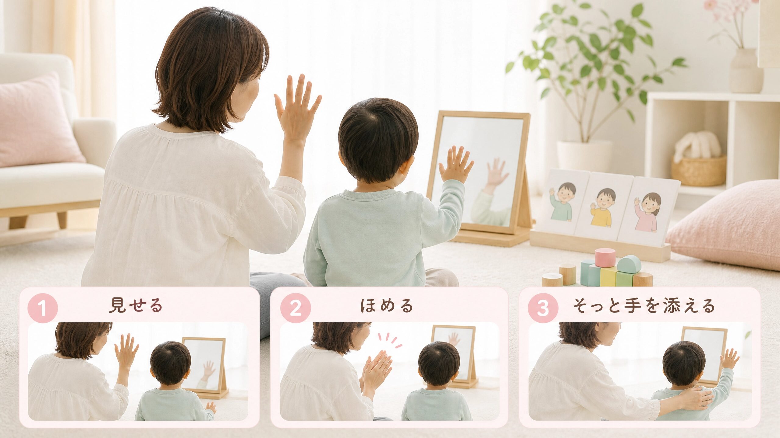 家庭で逆さバイバイにやさしく関わる3ステップを親子で楽しく練習する画像