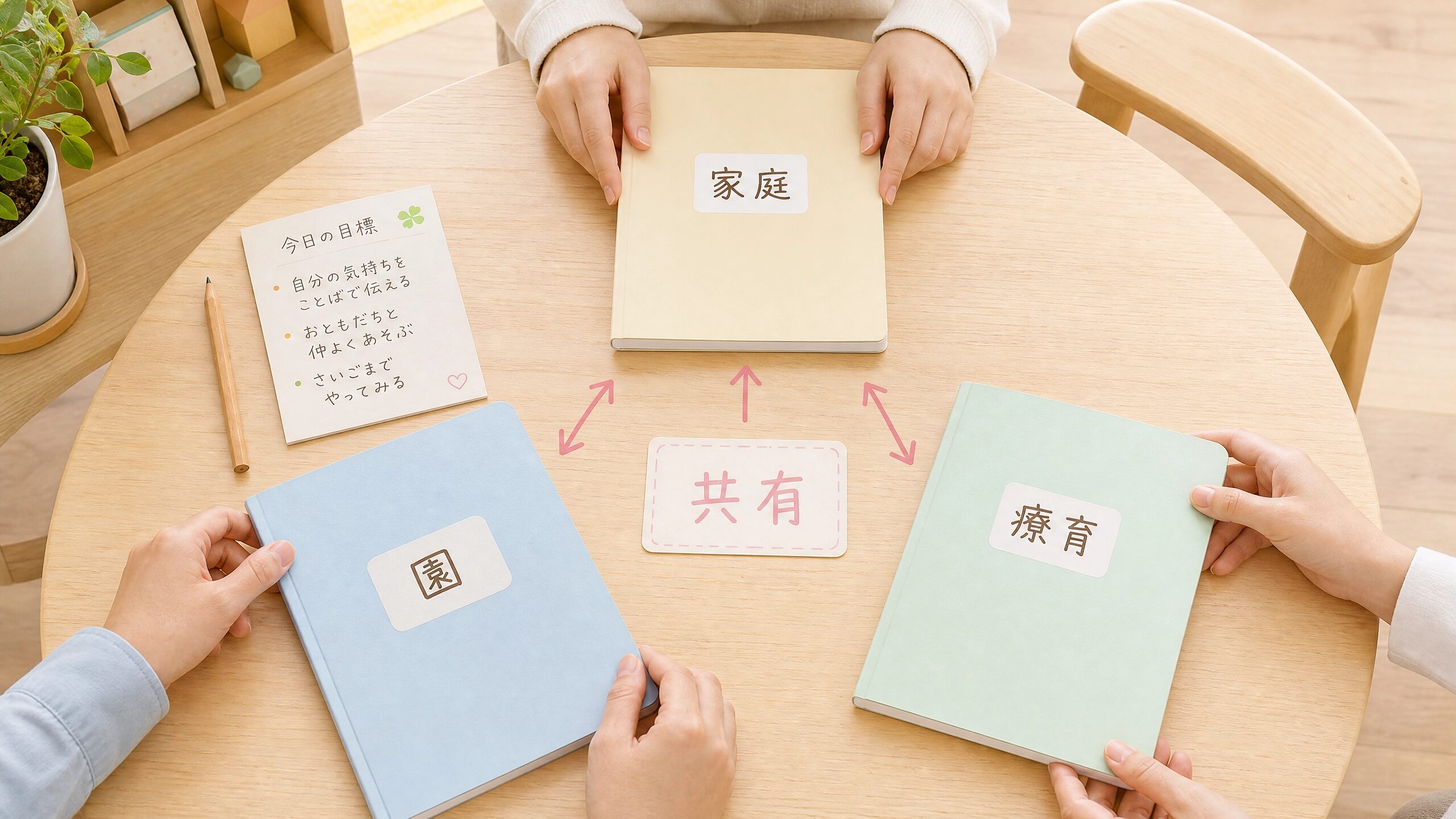 家庭と園と療育が連絡帳で連携する様子を表した画像