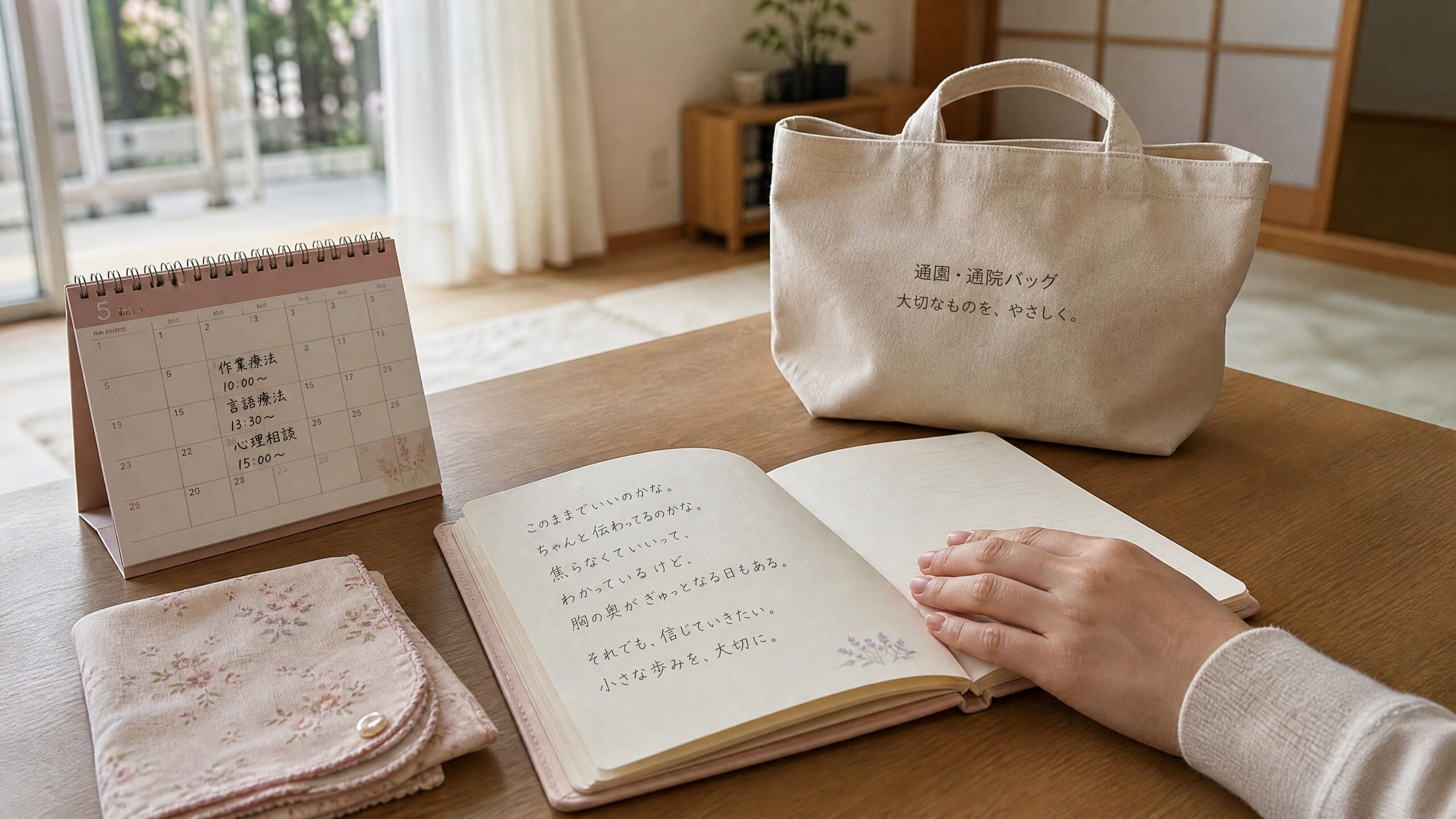療育の初期に意味を感じられず悩む親の手元と通所バッグの画像
