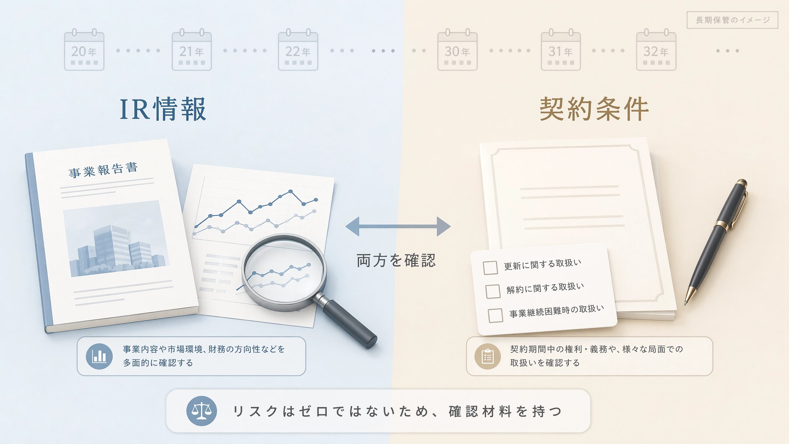 長期保管サービスの経営リスクをIR情報と契約条件から確認する図