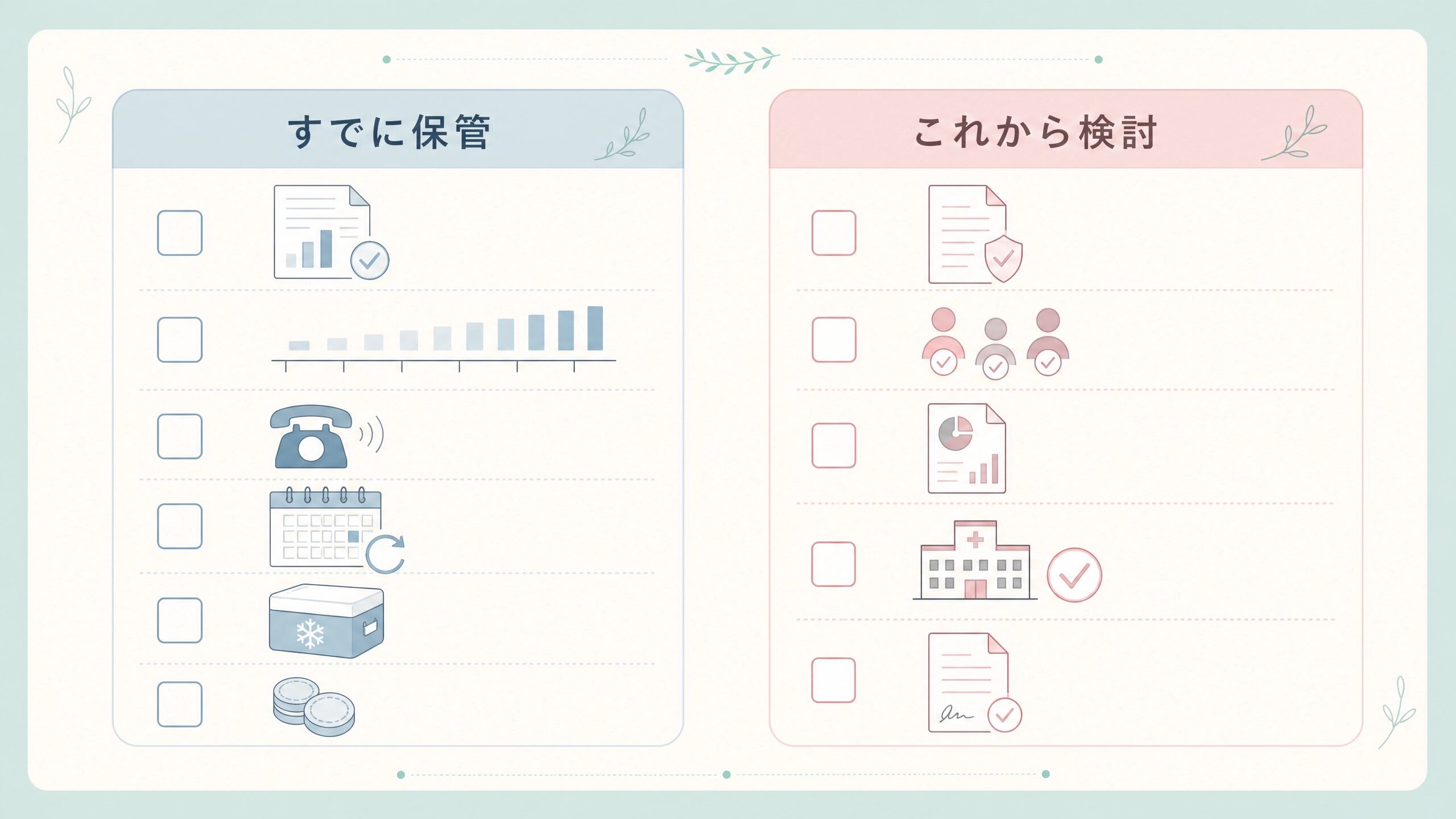 臍帯血をすでに保管している家庭とこれから検討する家庭が確認する項目を分けたチェックリスト