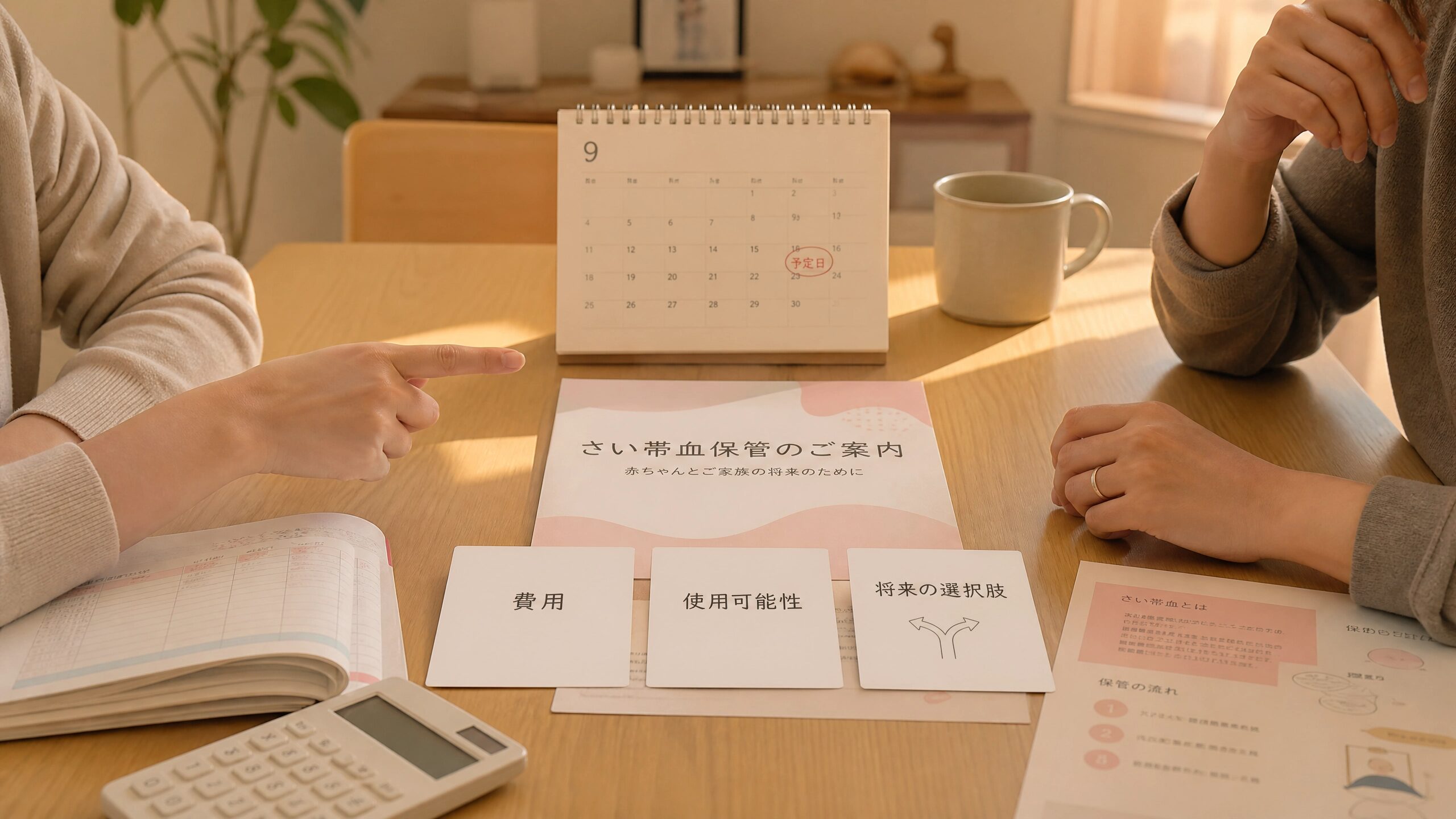 臍帯血保管の費用や使用可能性について夫婦で話し合う手元