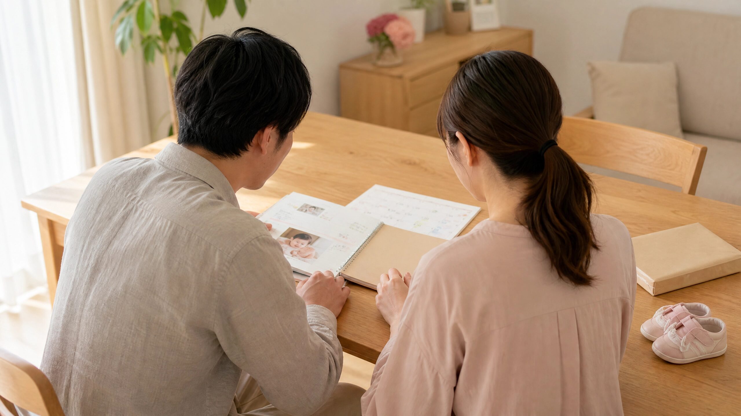 長女の発達記録を振り返りながら臍帯血保管について話し合う夫婦