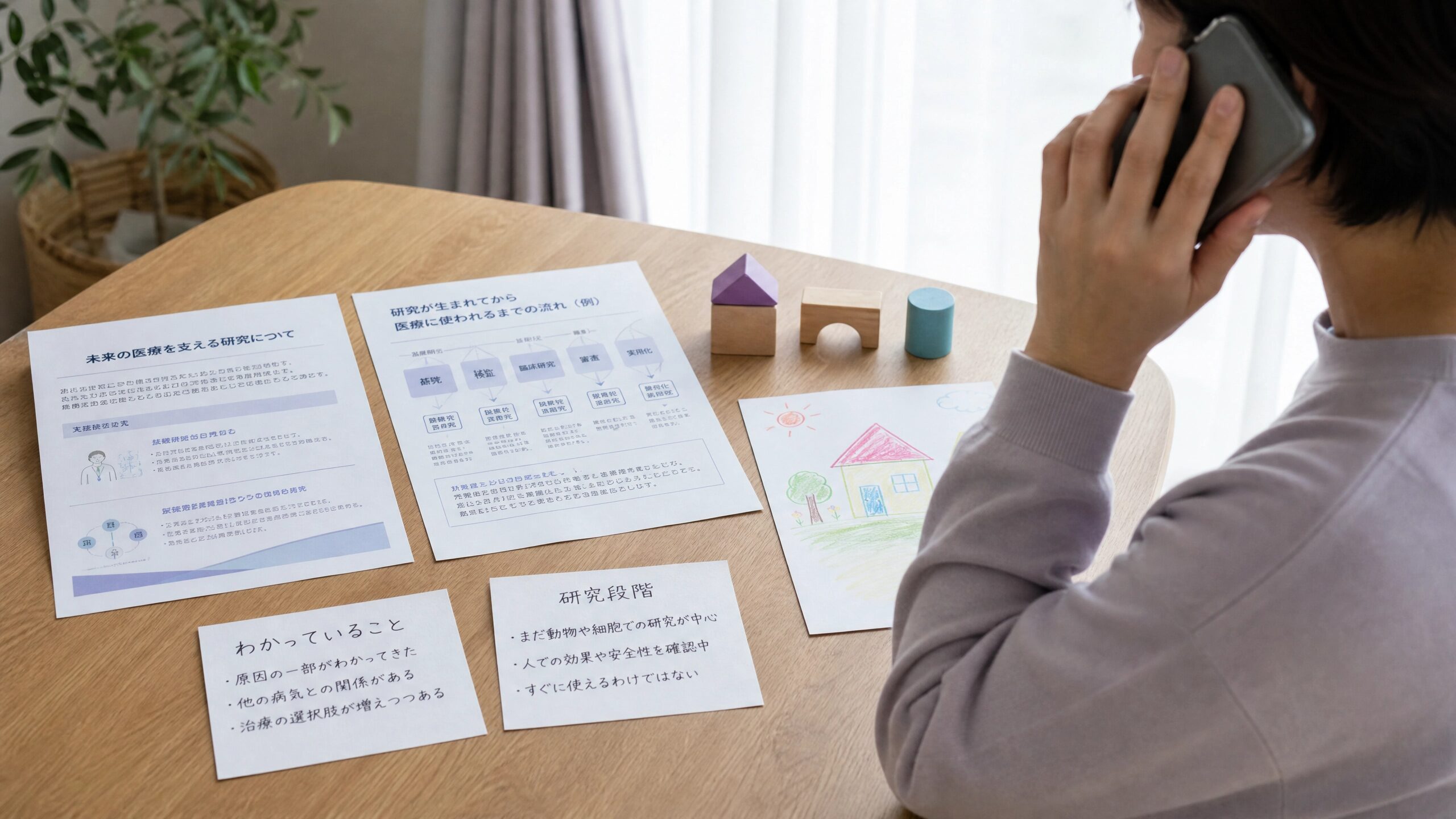 子どもの診断後に臍帯血の将来利用について電話で確認する親のイメージ
