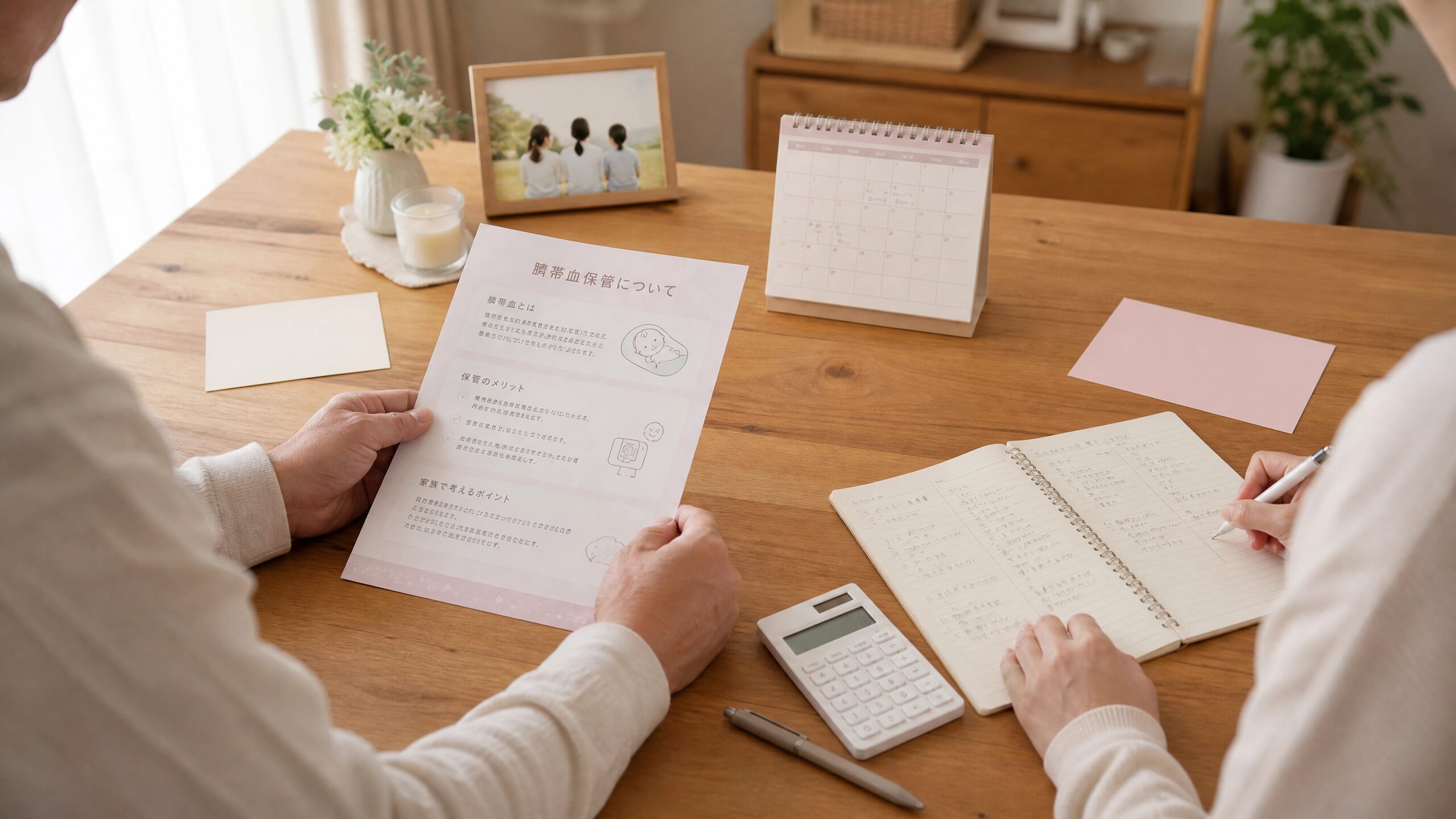 臍帯血を保管するかどうか家族で資料を見ながら静かに検討する様子
