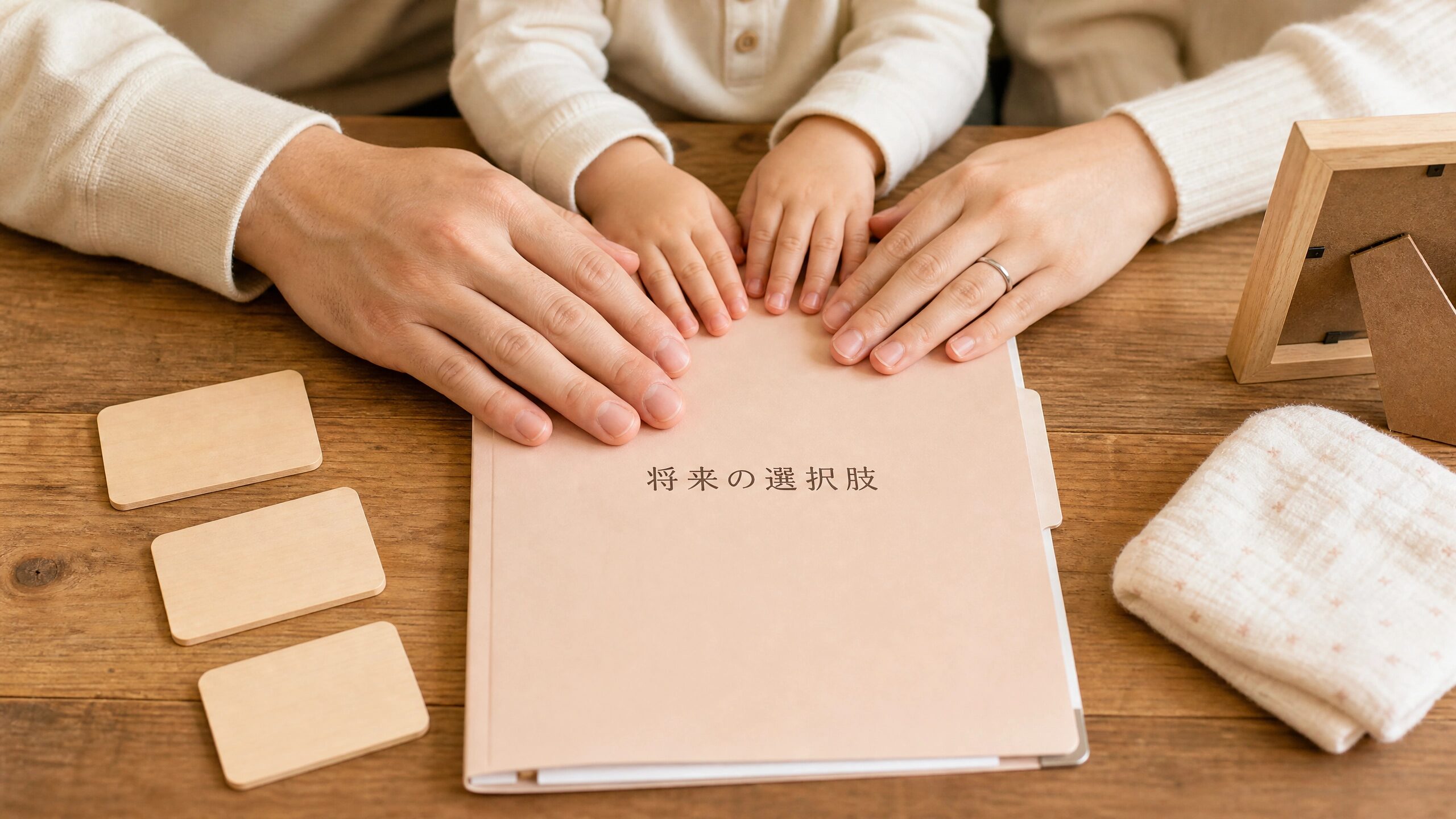 三人の子どもの将来の選択肢を考えて臍帯血保管を選んだ家族の手元