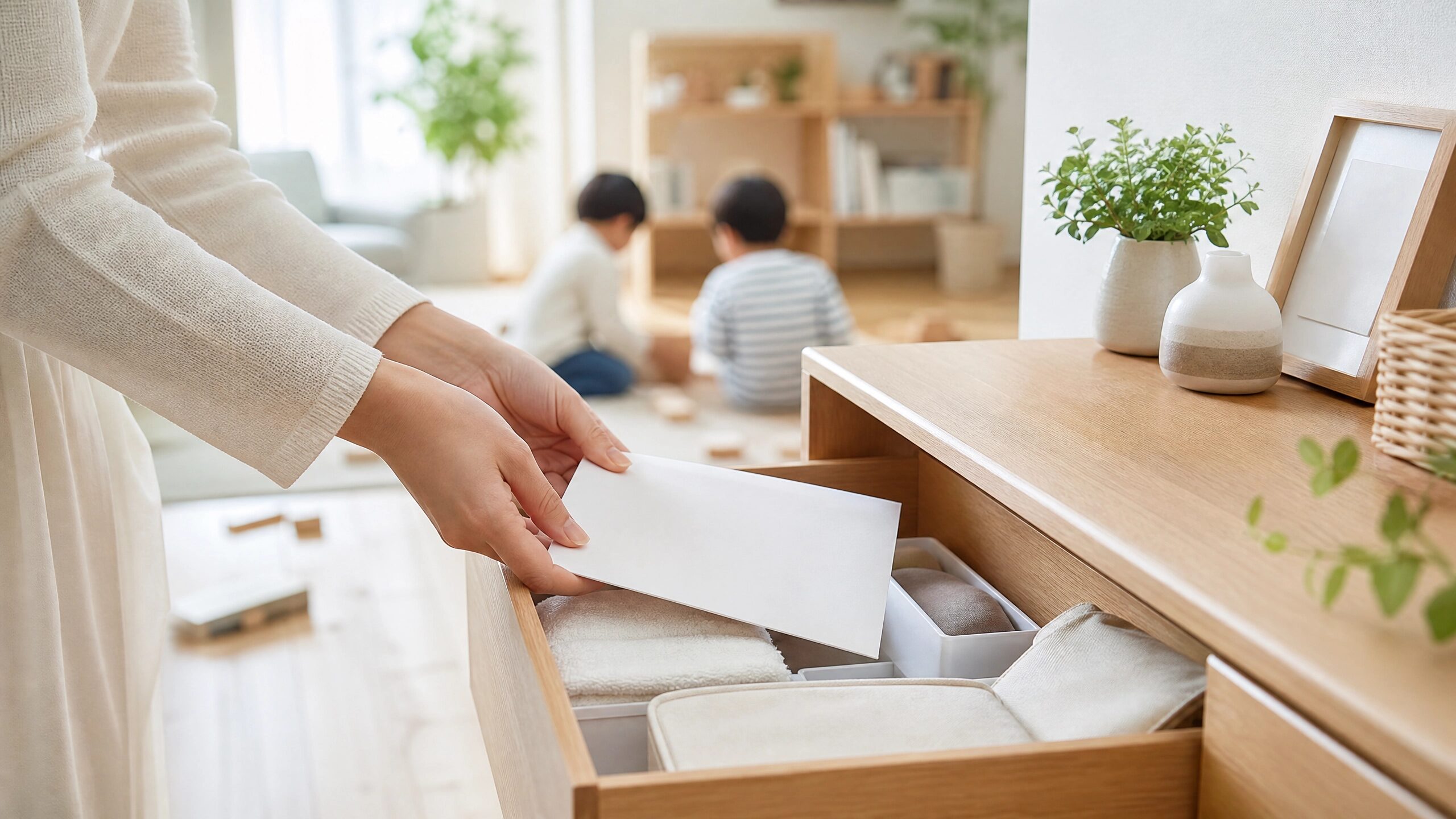 臍帯血の保管証をしまいながら子どもたちの健康を願う家族