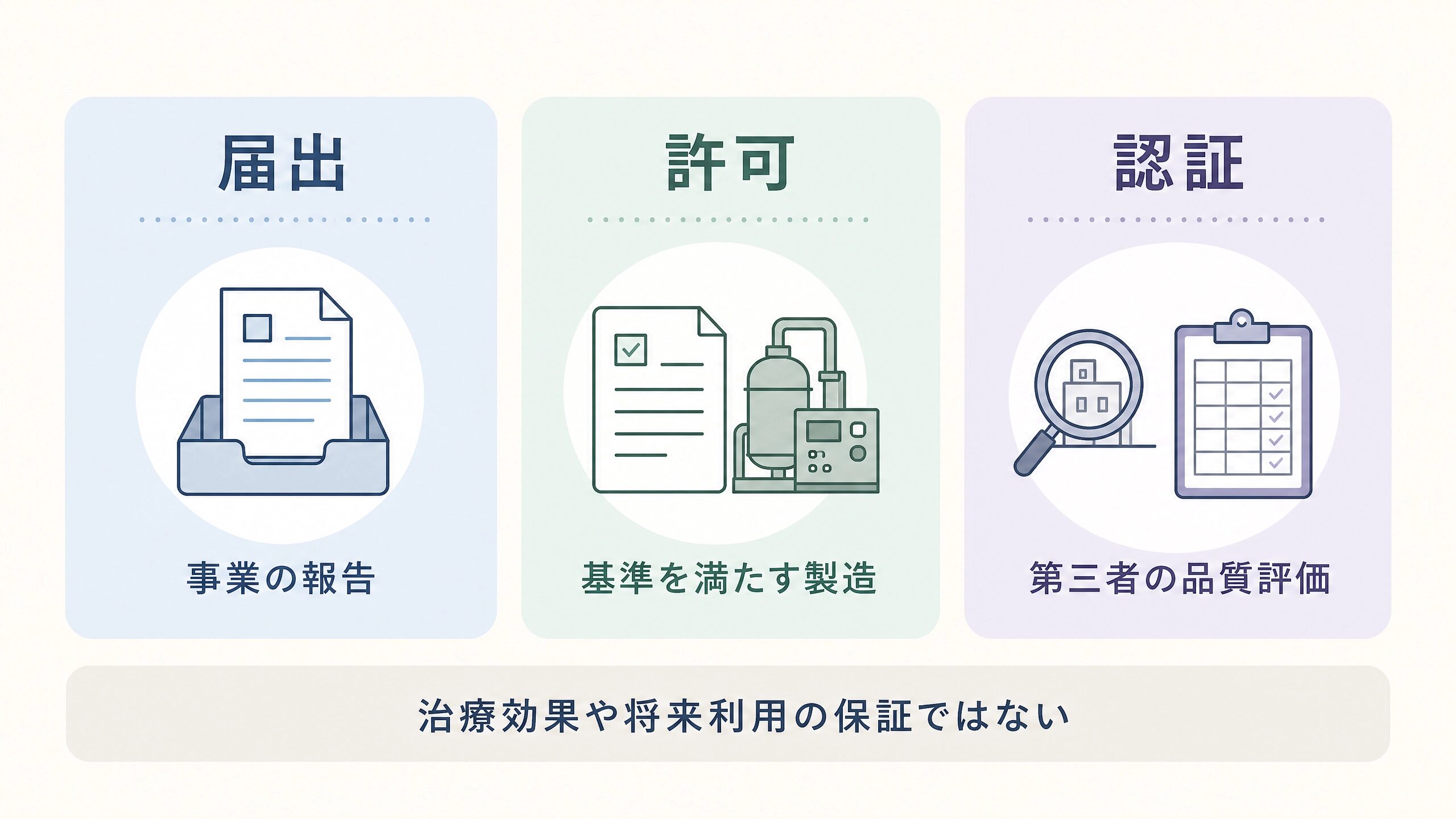 臍帯血保管事業に関する届出、許可、第三者認証の違いを整理した図