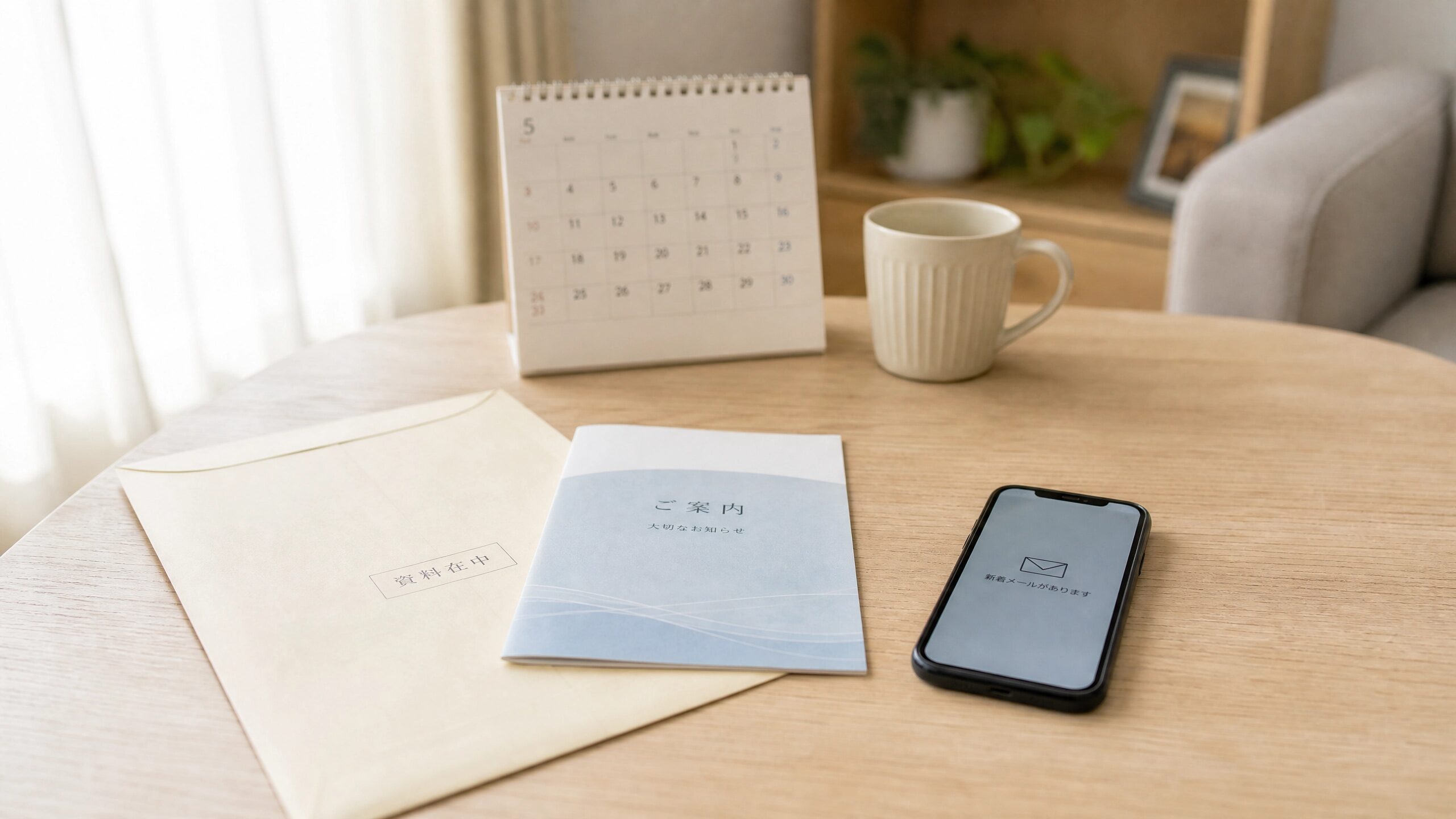資料請求後に届いた資料とメールを確認する家庭の様子