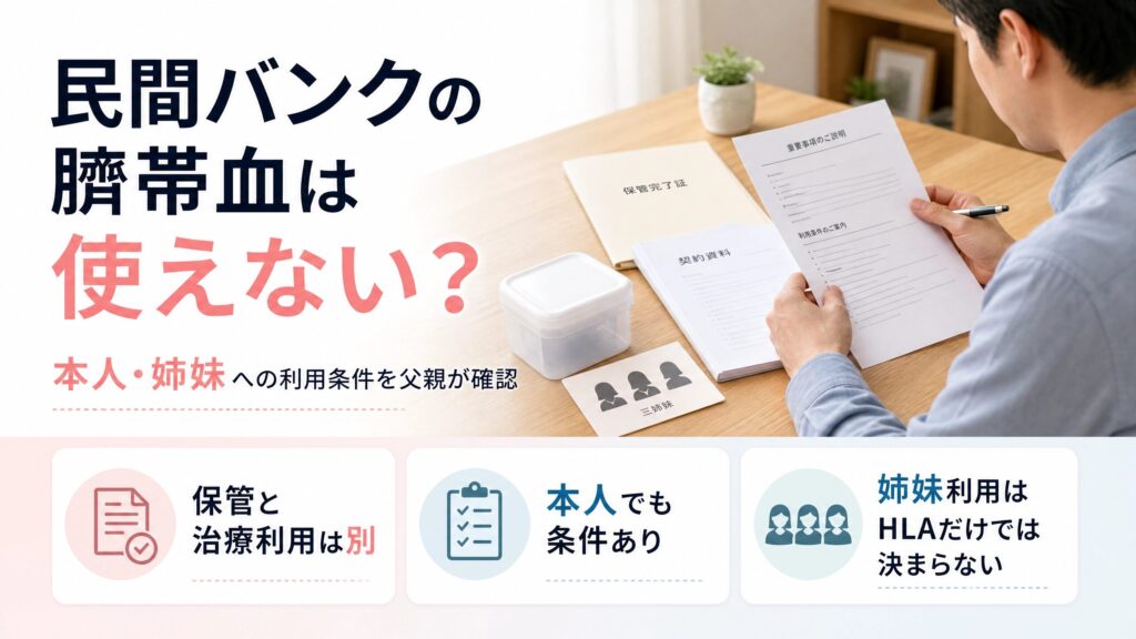 民間バンクで保管した臍帯血を本人や姉妹に使うための条件を確認する父親
