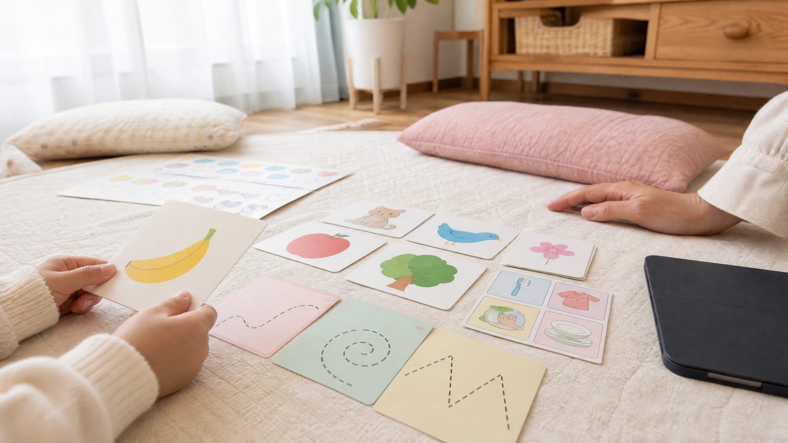 タブレット以外にシール貼りや絵カードで学習の土台を作る様子