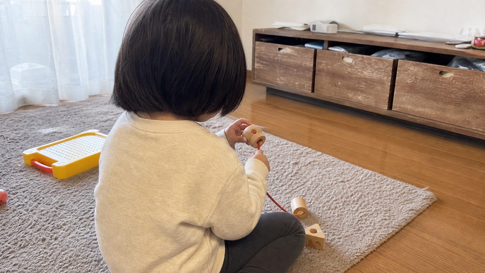 自閉症の子の目と手の協応を育てるひも通しのおもちゃ