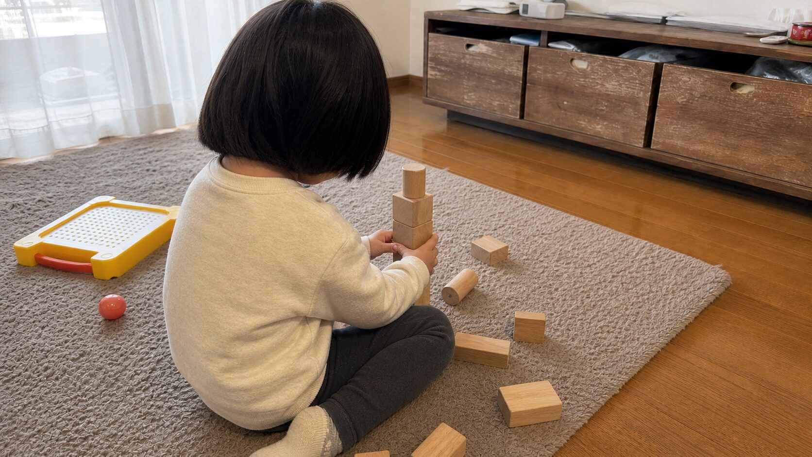 自閉症の子が積んで崩して遊ぶ積み木