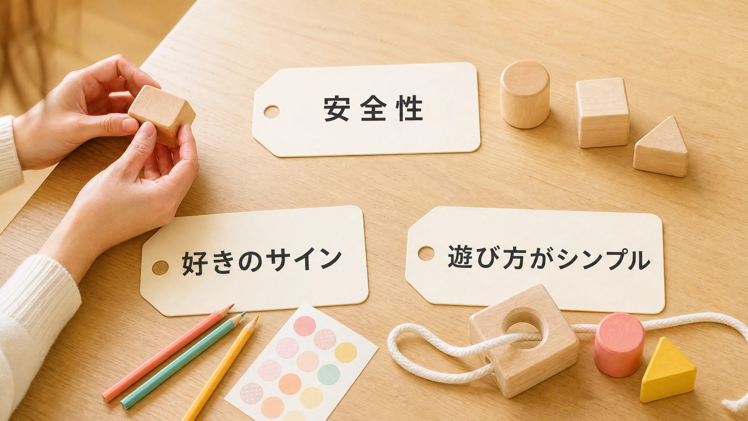 自閉症児のおもちゃ選びで安全性、好きのサイン、遊び方のシンプルさを確認する画像