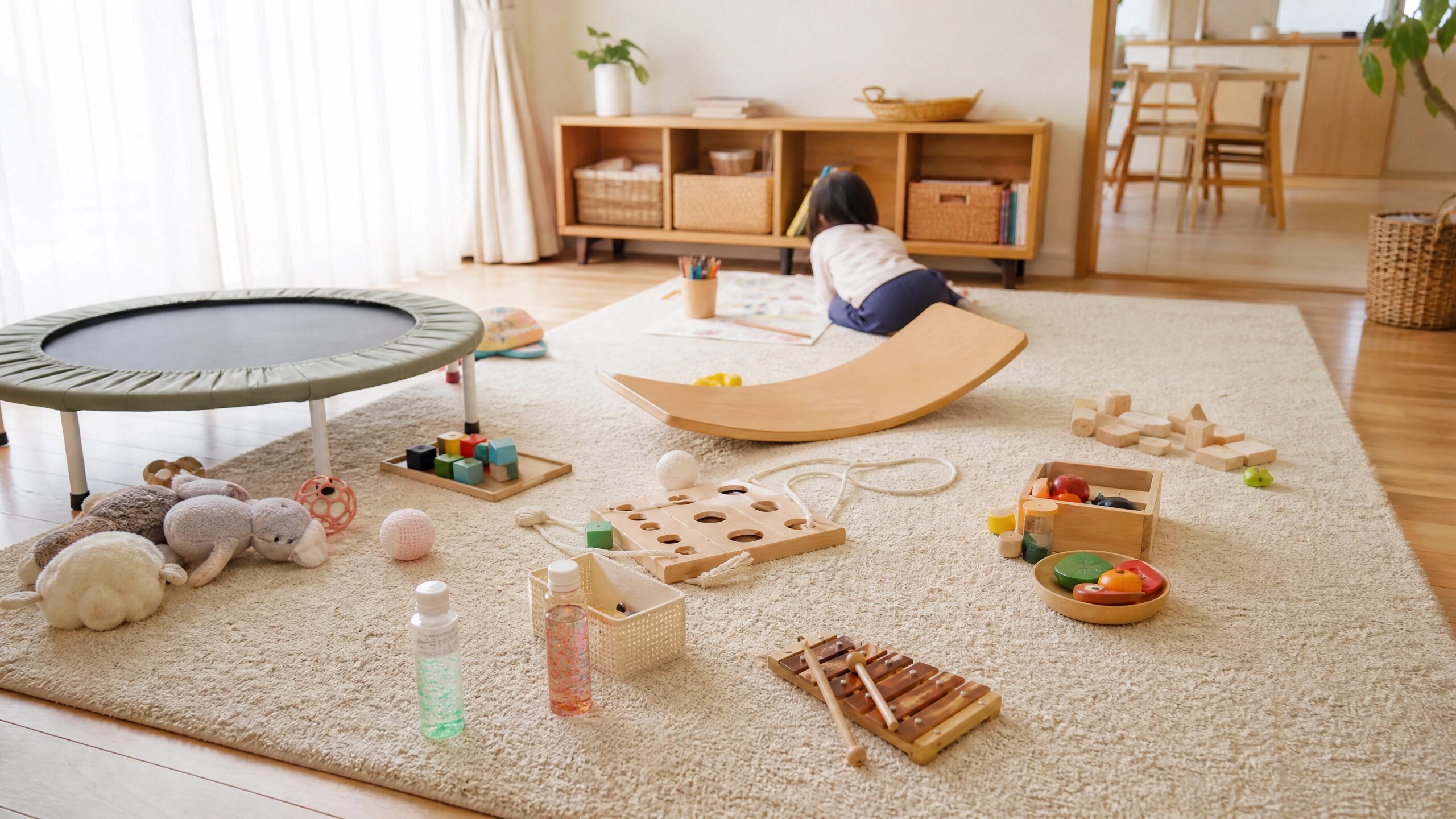 自閉症の娘が家庭や療育で実際に使ったさまざまなおもちゃを並べた生活場面