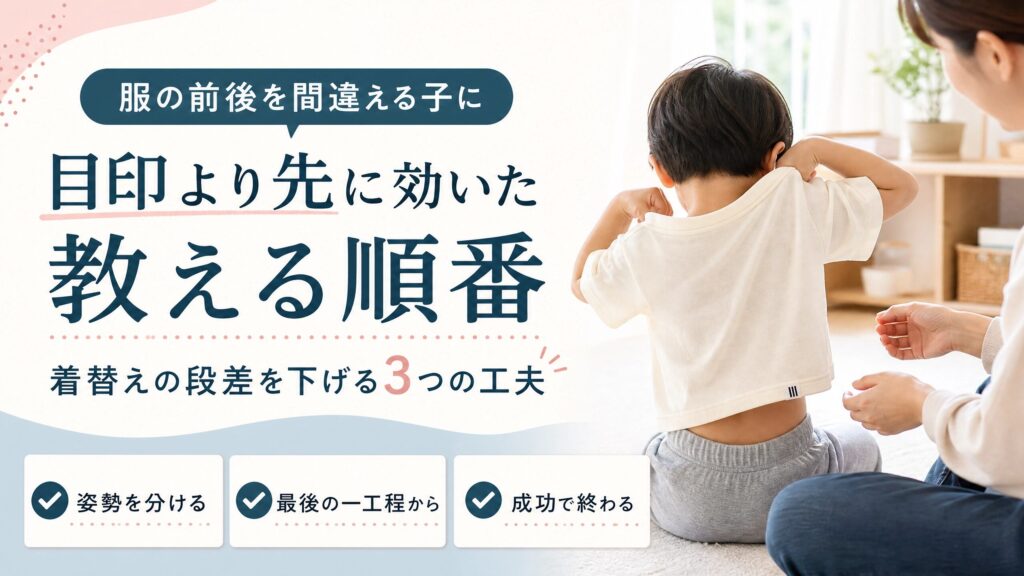 服の前後を間違える子に、目印だけでなく教える順番を工夫する方法を示したアイキャッチ