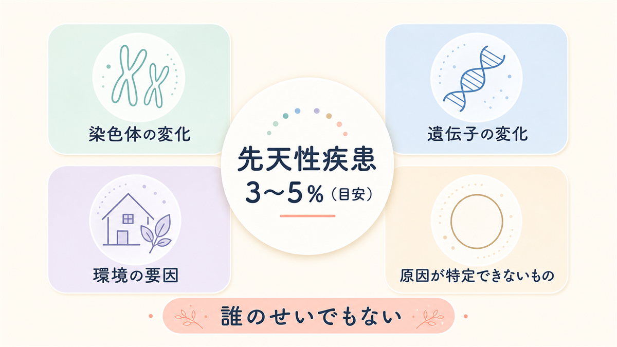 先天性疾患をもって生まれる割合の目安と主な原因区分を整理した図解