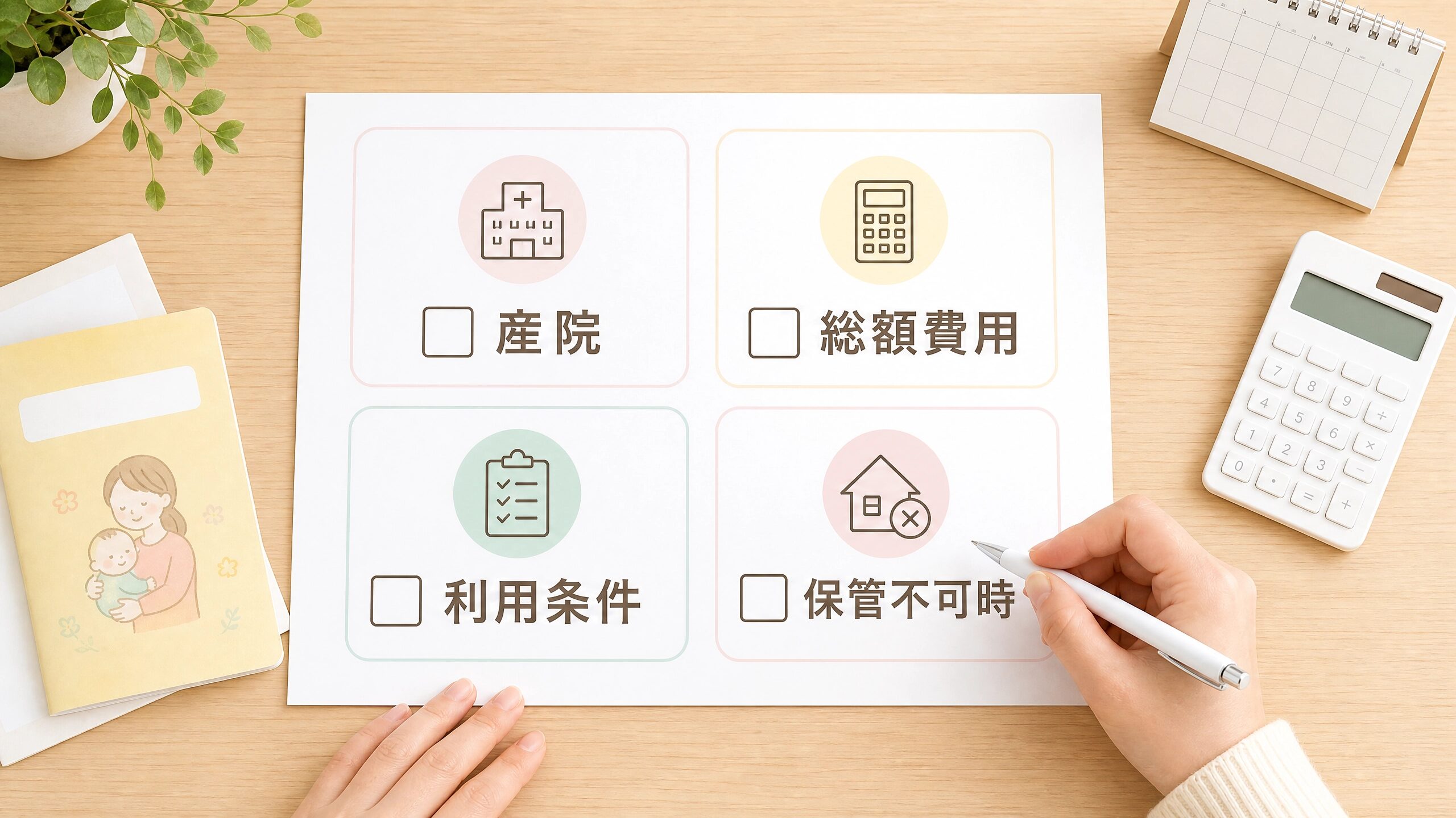 臍帯血保管を判断するために産院、費用、利用条件などを確認するチェックリスト