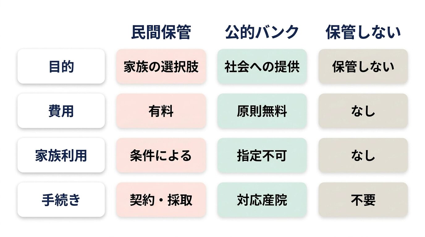 民間保管、公的バンク、保管しない選択の目的と費用を比較した図