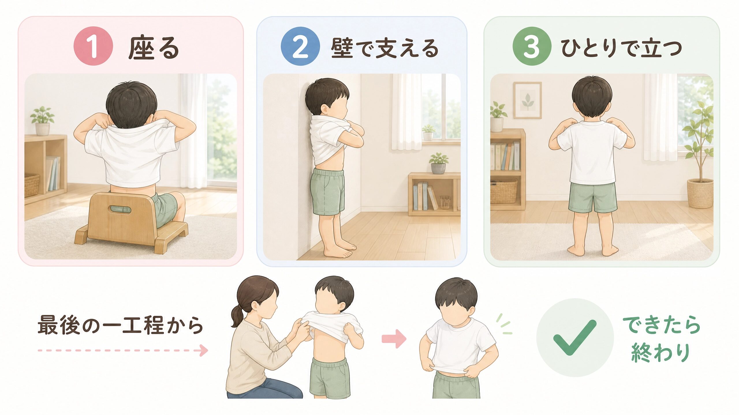 座る、壁で体を支える、支えなしで立つ順番で着替えを練習する様子