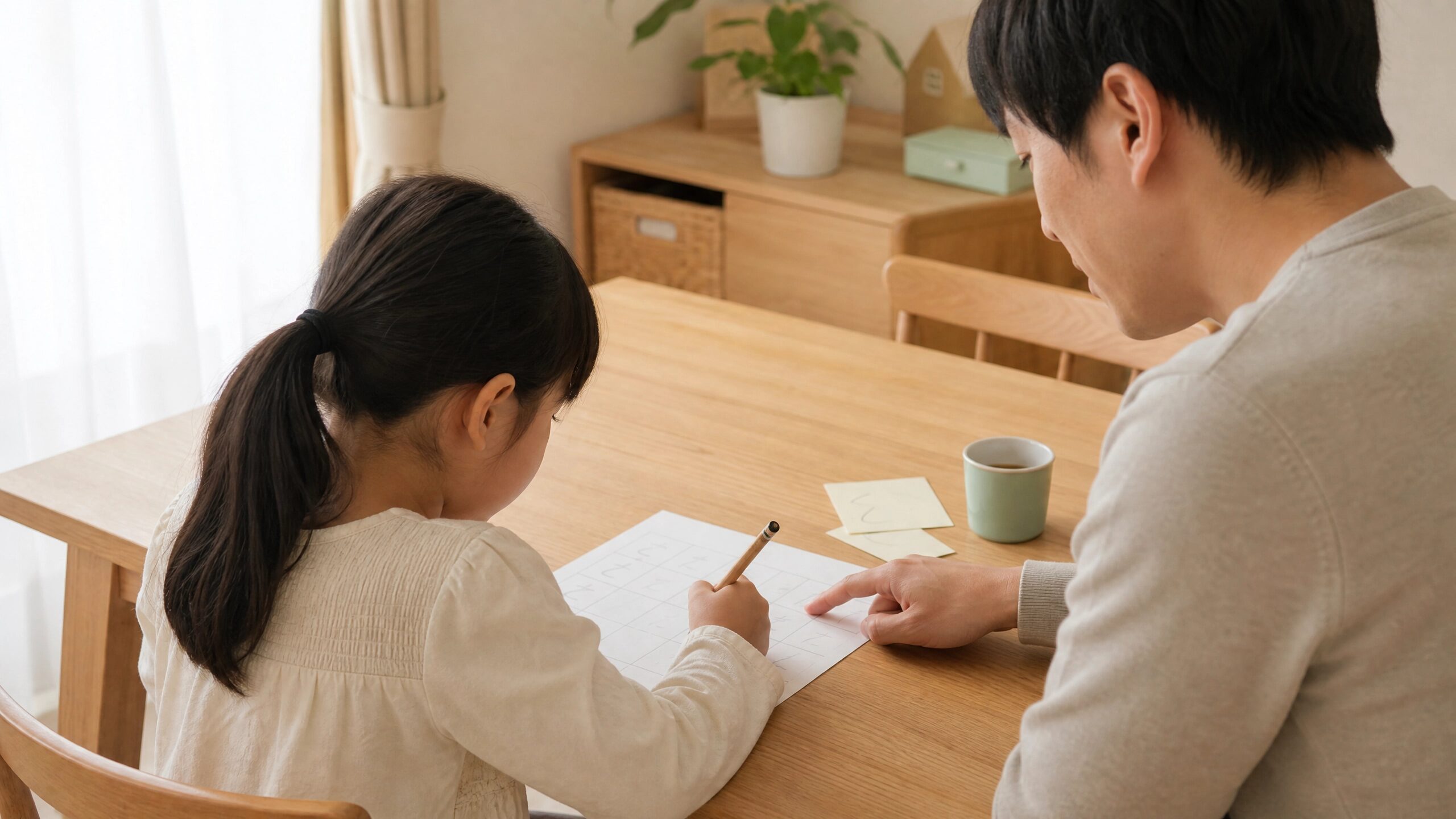 家庭の机で課題に取り組む娘を見守る父親の手元