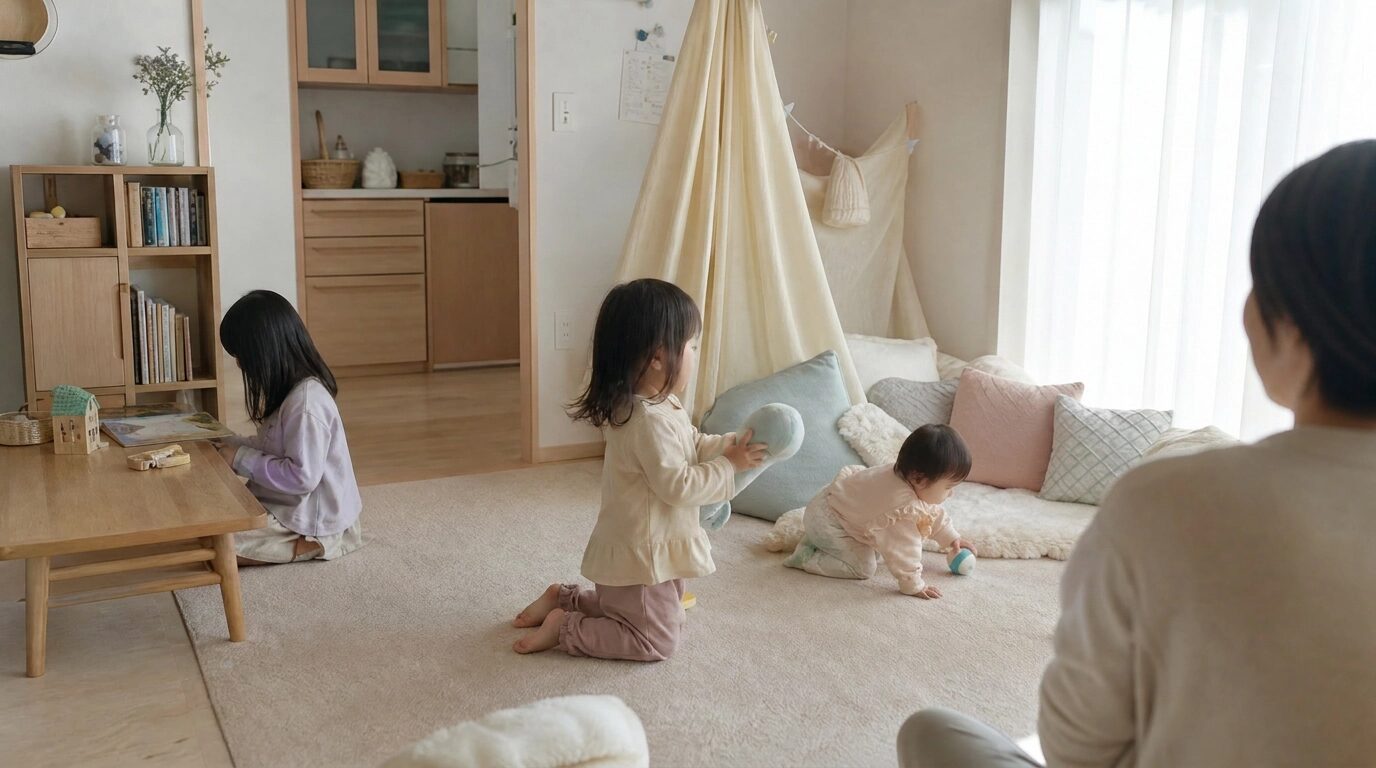 同じリビングで自然に関わりながら過ごす三姉妹の後ろ姿