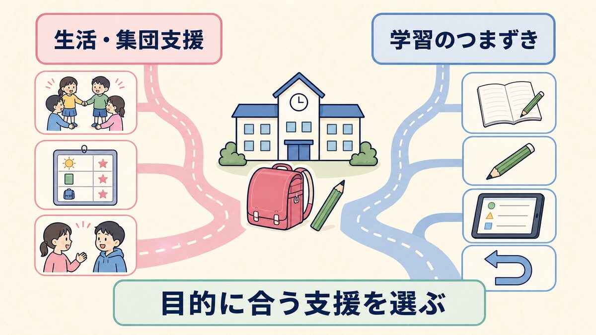 療育による生活支援と学習のつまずきに対応する家庭教材を分けて示す図