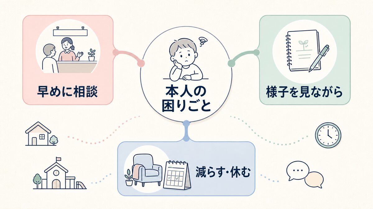 子どもの困りごとと家庭の負担から療育の利用や休止を考える判断図