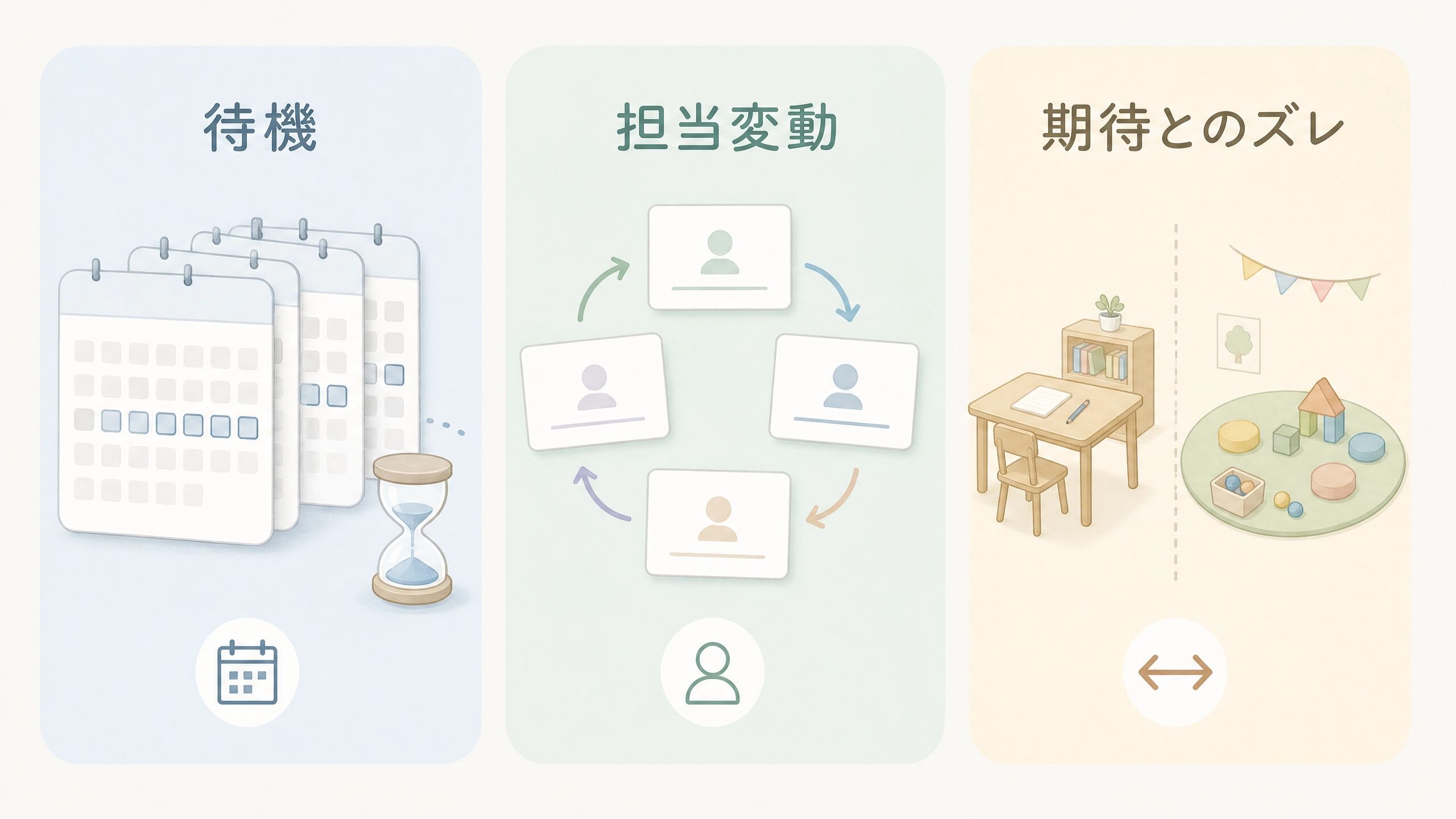 療育サービスが意味ないと言われる背景にある待機、担当者の変動、期待とのズレを示す図