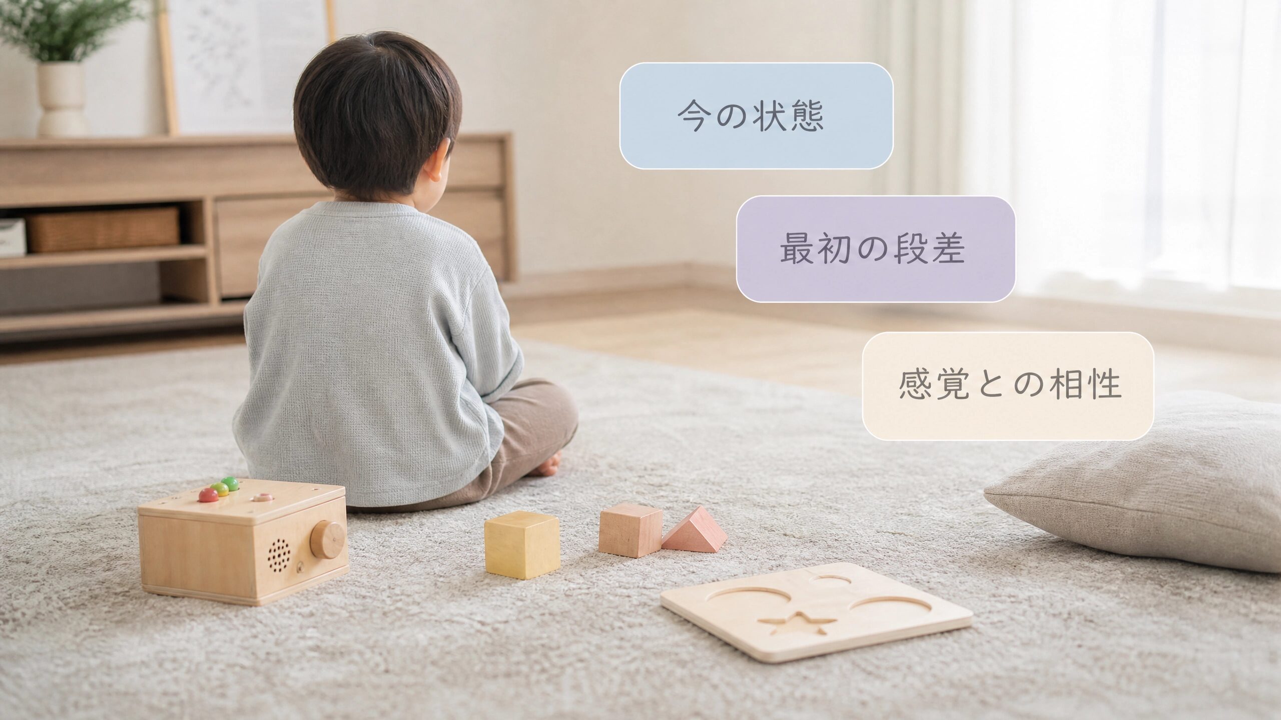 子どもがおもちゃで遊ばないときに覚醒状態、難易度、感覚との相性を確認する画像