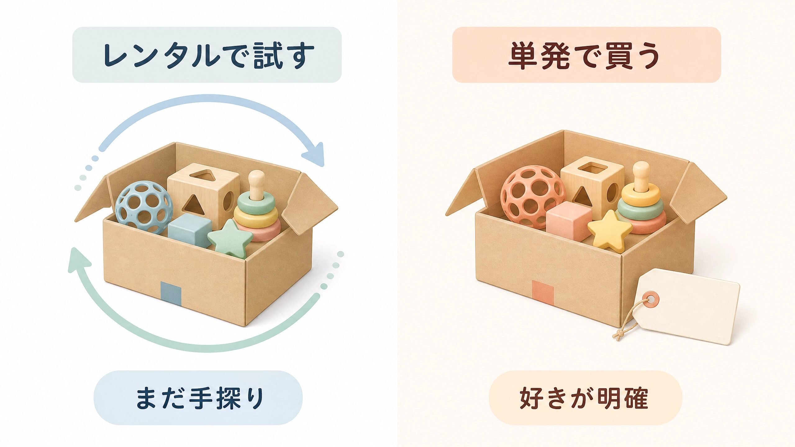 子どもに合うおもちゃを探すためのレンタルと単発購入の選択肢を比較する画像