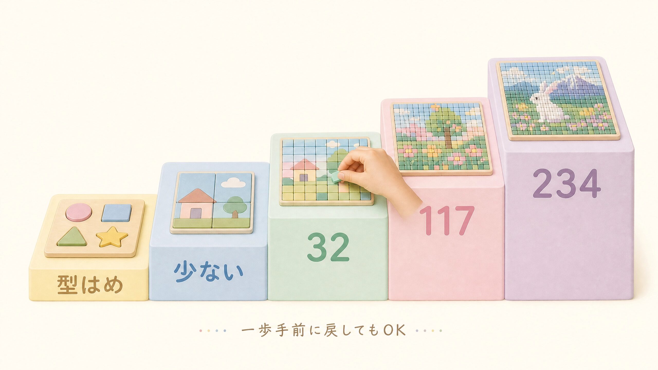 パズルの難易度を小さな段階に分けて234ピースまで進んだ段差設計を表す画像