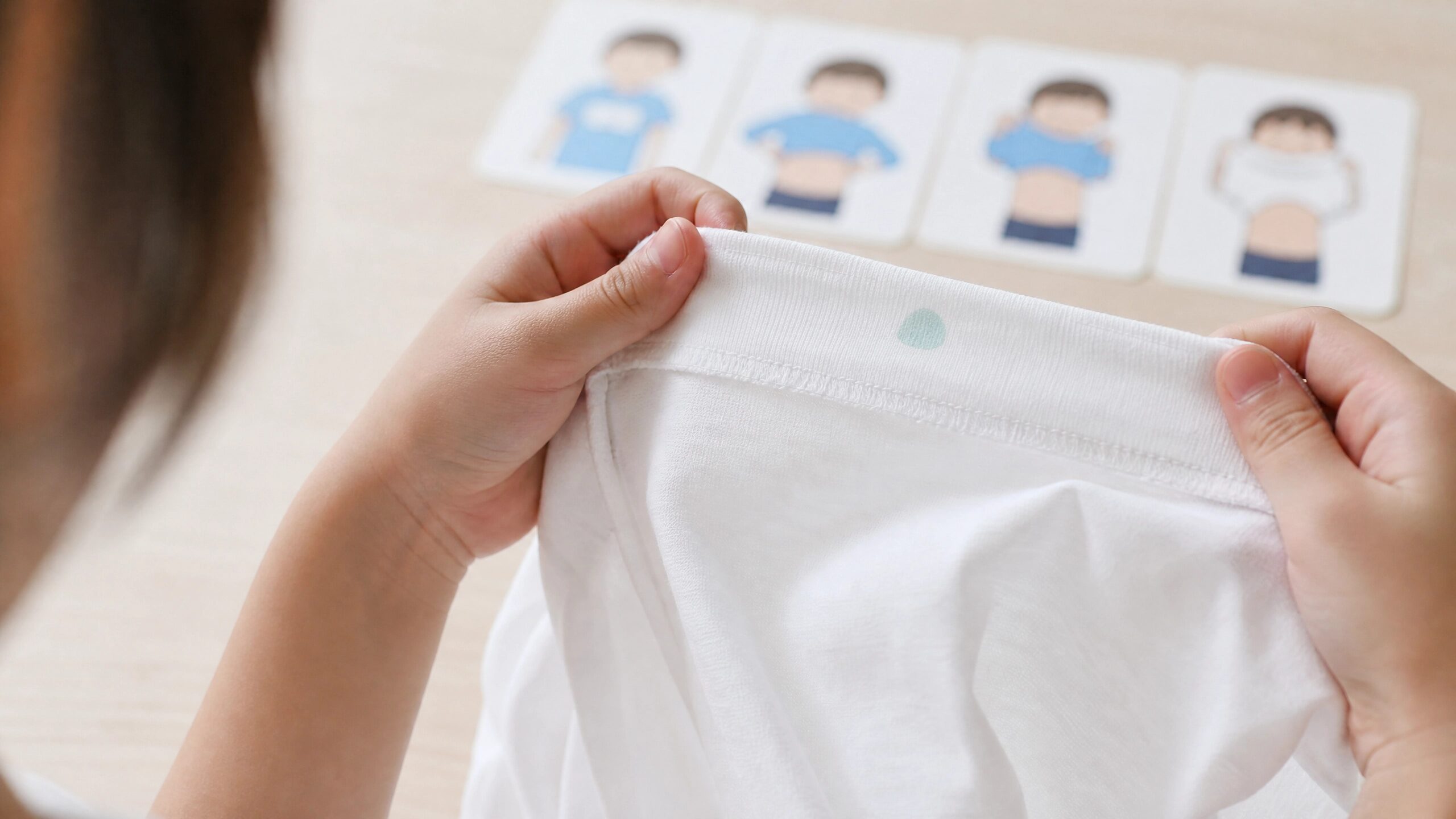 着るときに見える位置へ服の目印を付け、着替えの工程も確認する様子