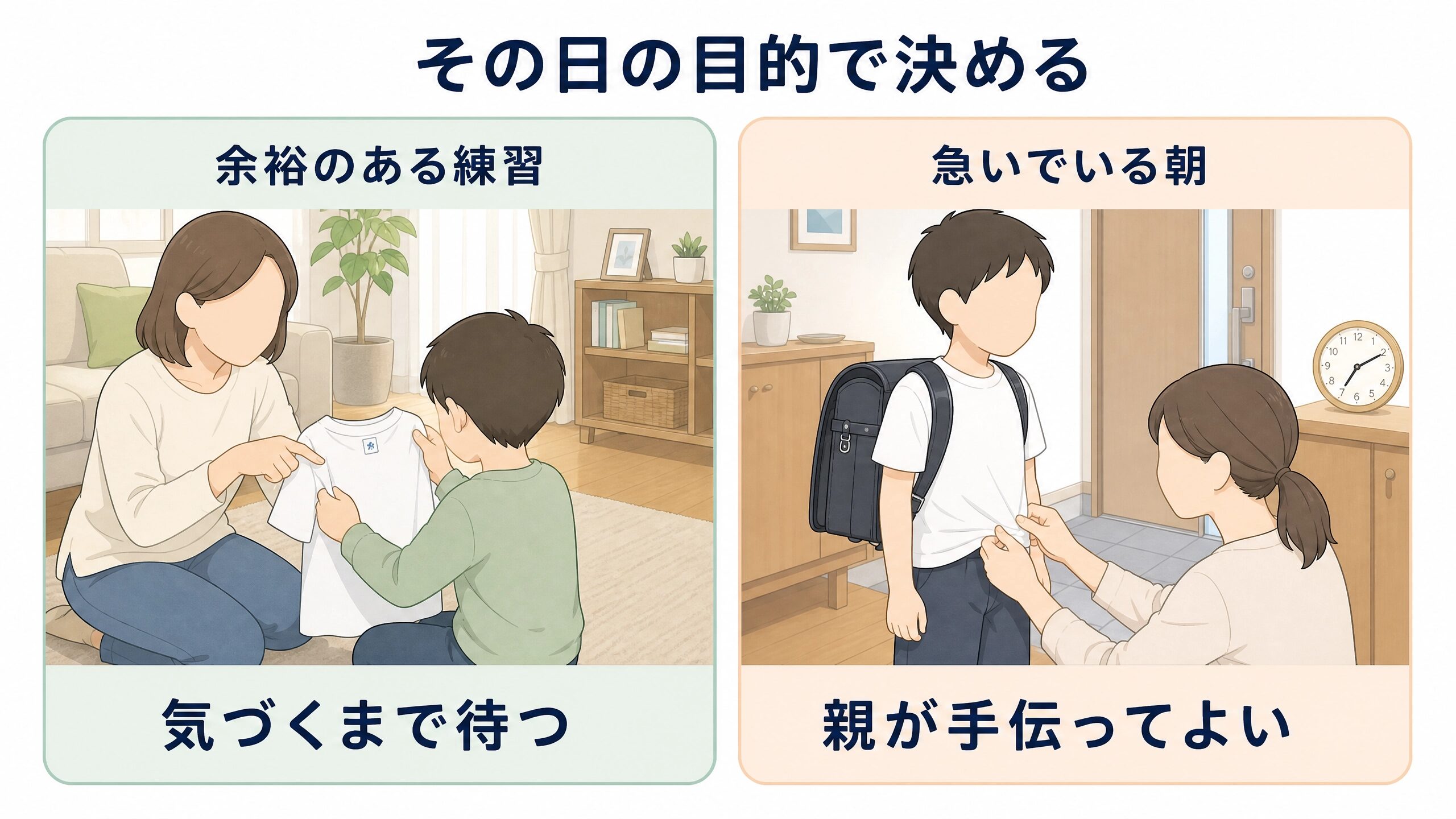 余裕のある練習場面と忙しい朝で、服の前後への対応を変える判断例