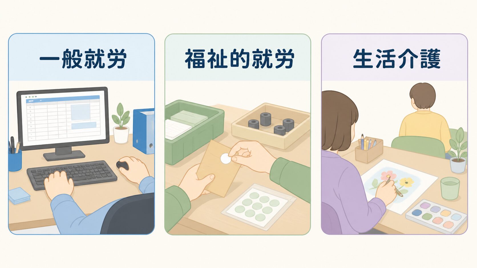 18歳以降の一般就労、福祉的就労、生活介護の3つの進路を比較する図